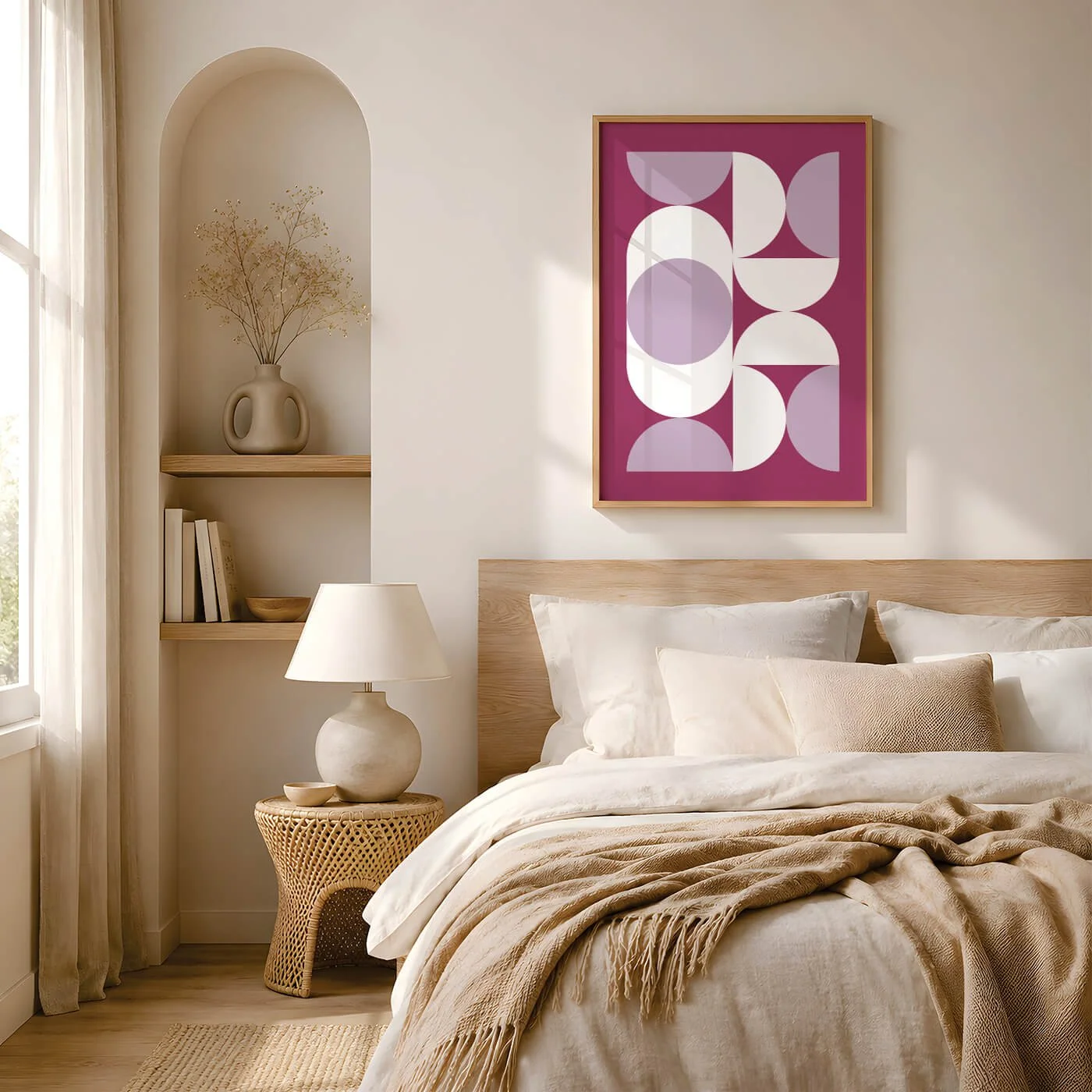 Purple Bauhaus wall art print hanging above wooden bed in neutral Scandi-inspired bedroom