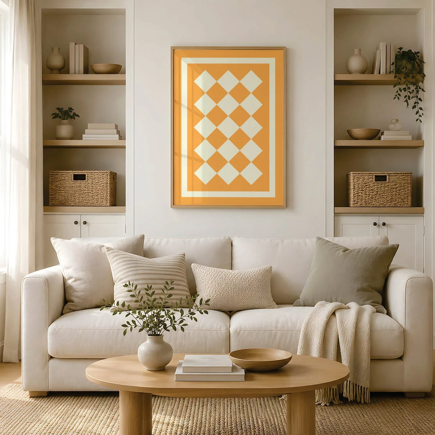 Yellow geometric wall art print with cream diamond pattern displayed above a sofa in a contemporary living room