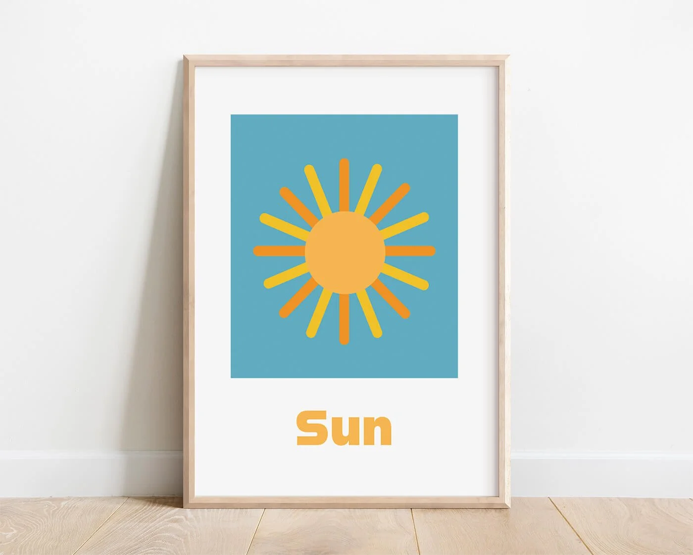 Sun word recognition children's educational art print, styled in a wooden frame on a clean white wall
