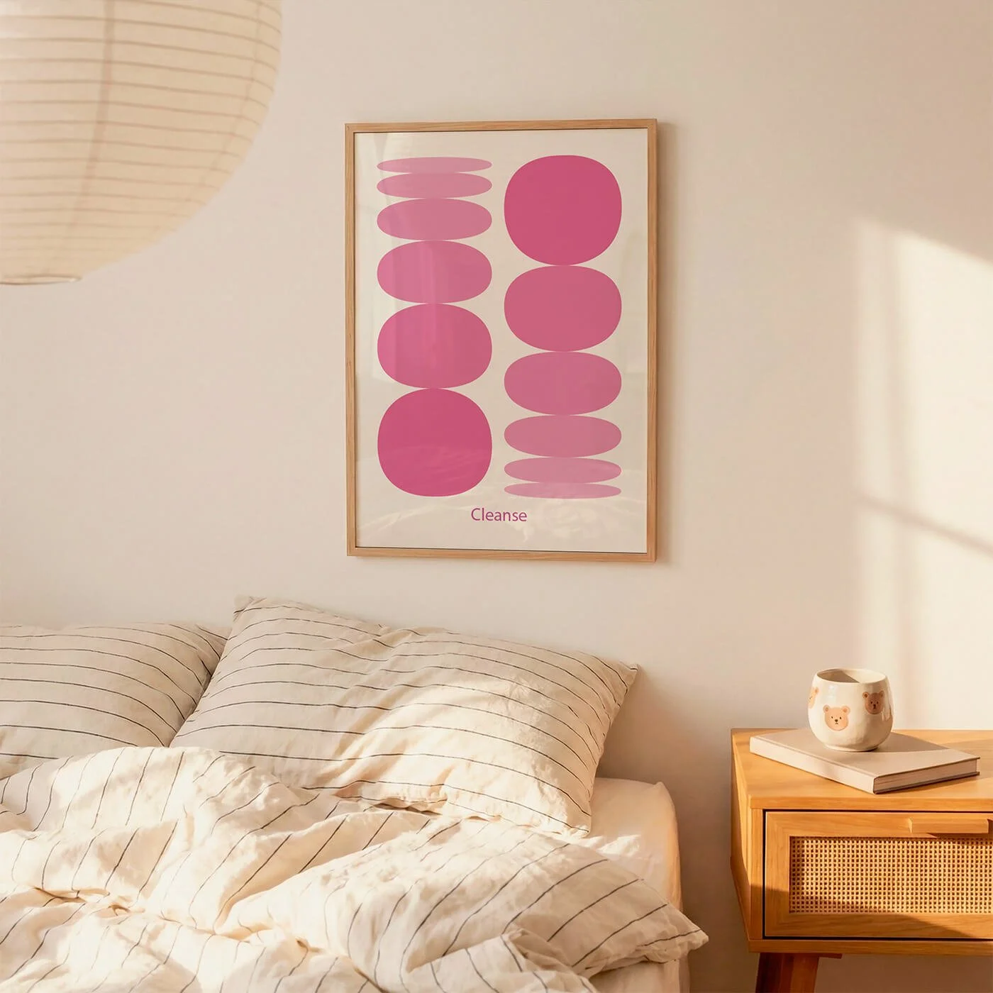 Framed violet positive energy art print hanging above a bed in a modern neutral bedroom