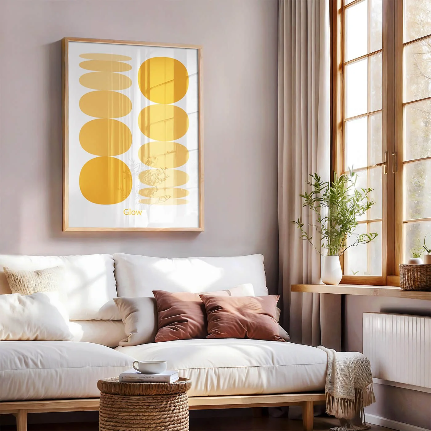 Framed yellow boho mindfulness print mounted on a neutral living room wall above a sofa