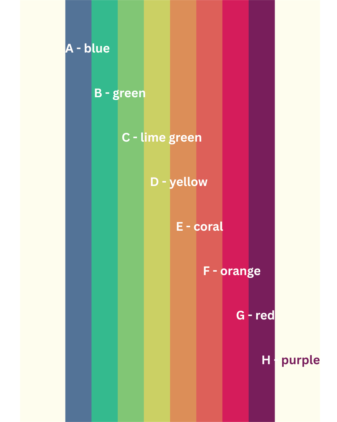 colourful stripy pattern with letters and colour names written on it in small text