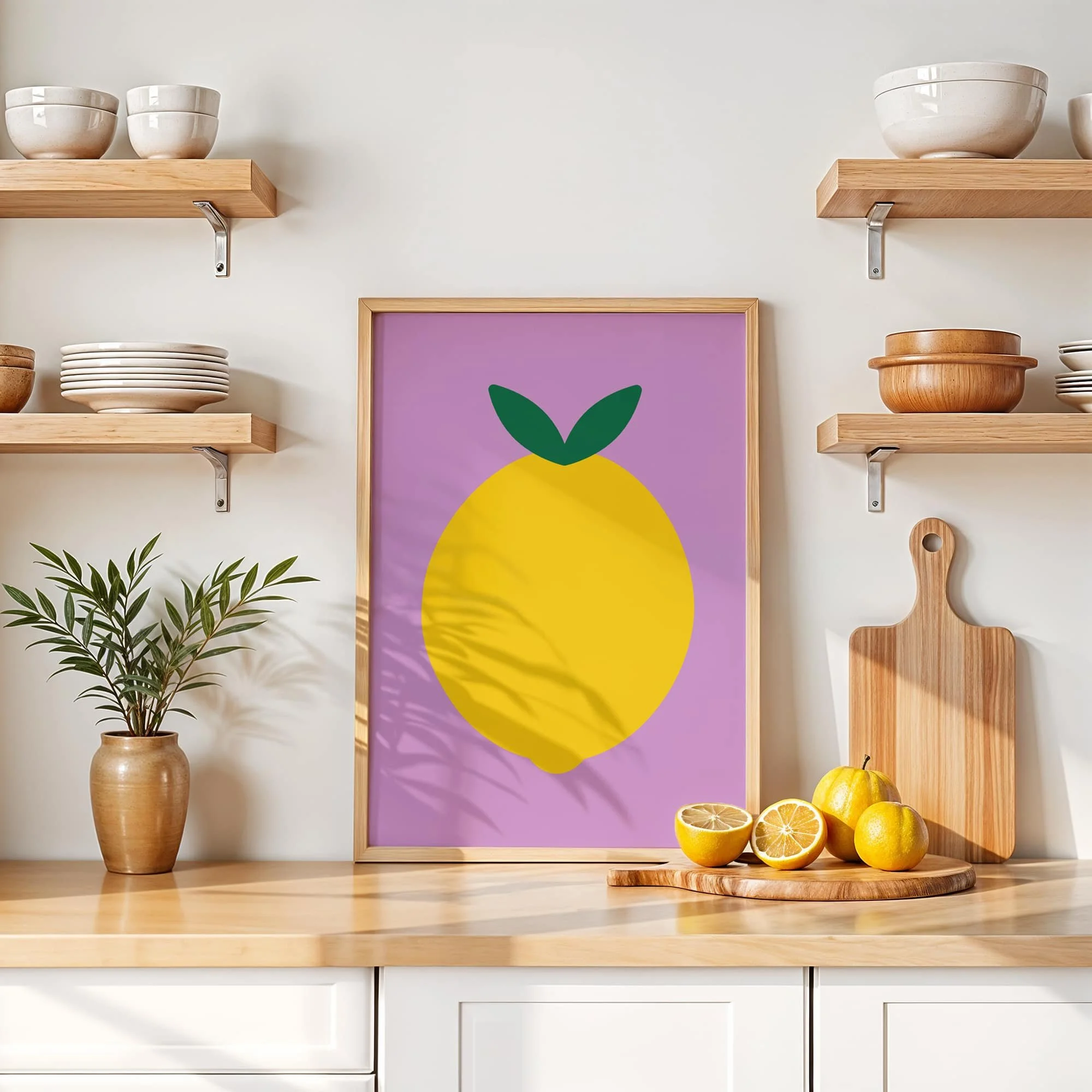 Framed abstract lemon print with purple shading displayed on worktop in contemporary kitchen, ideal for modern colourful home decor