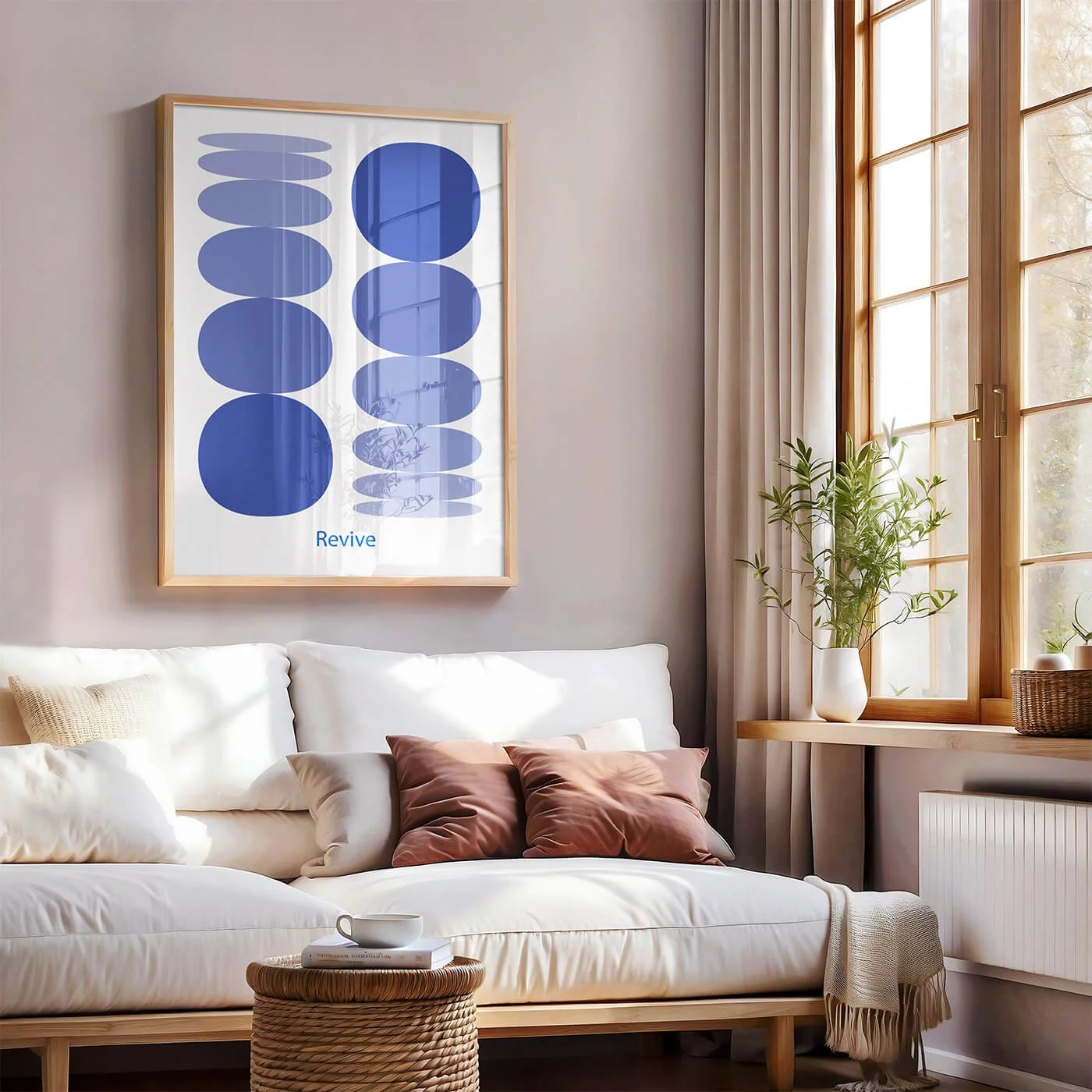 Framed blue abstract wellness art print over a sofa in a beige living room