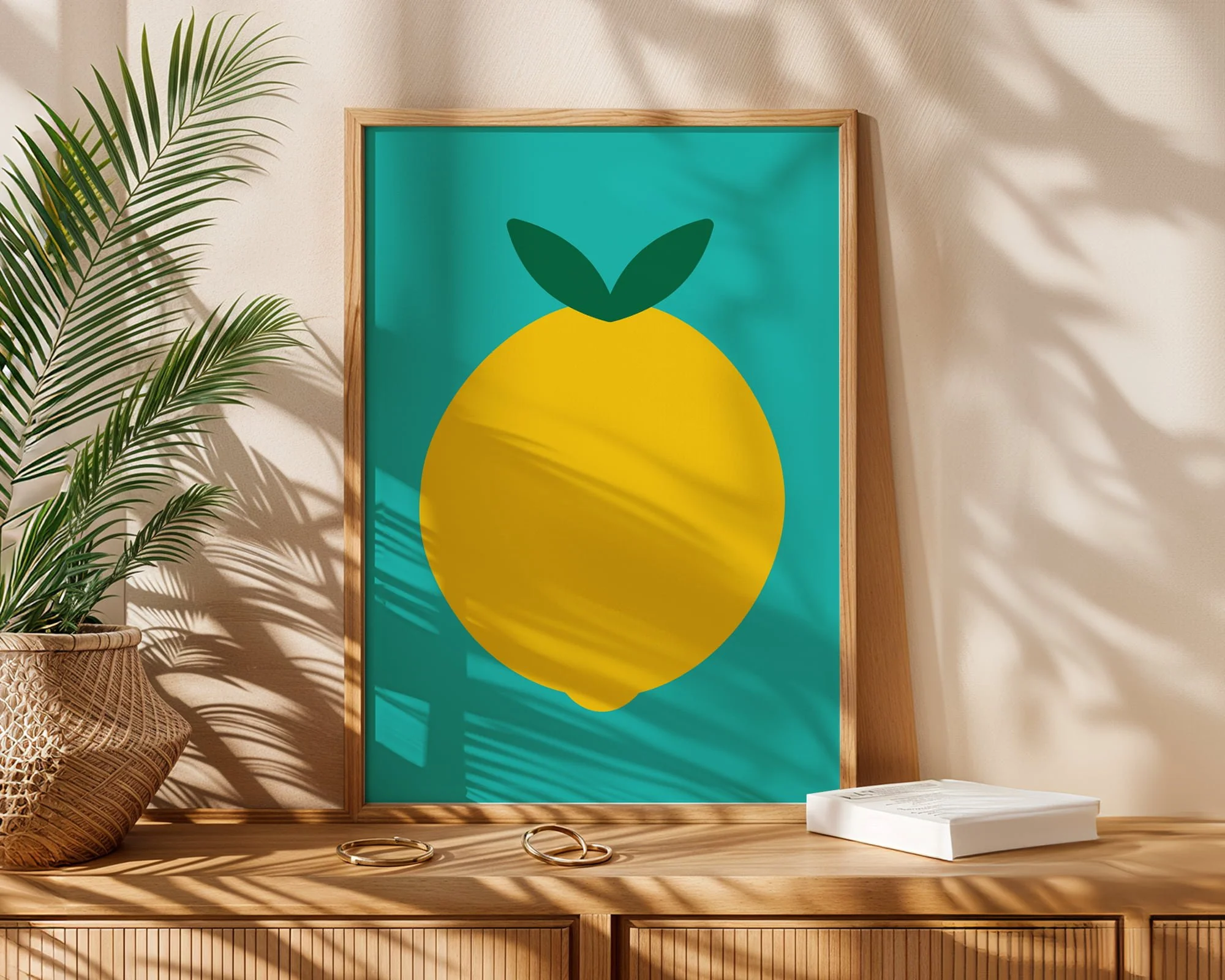 Sorrento lemon print with vibrant green background leaning against wooden sideboard