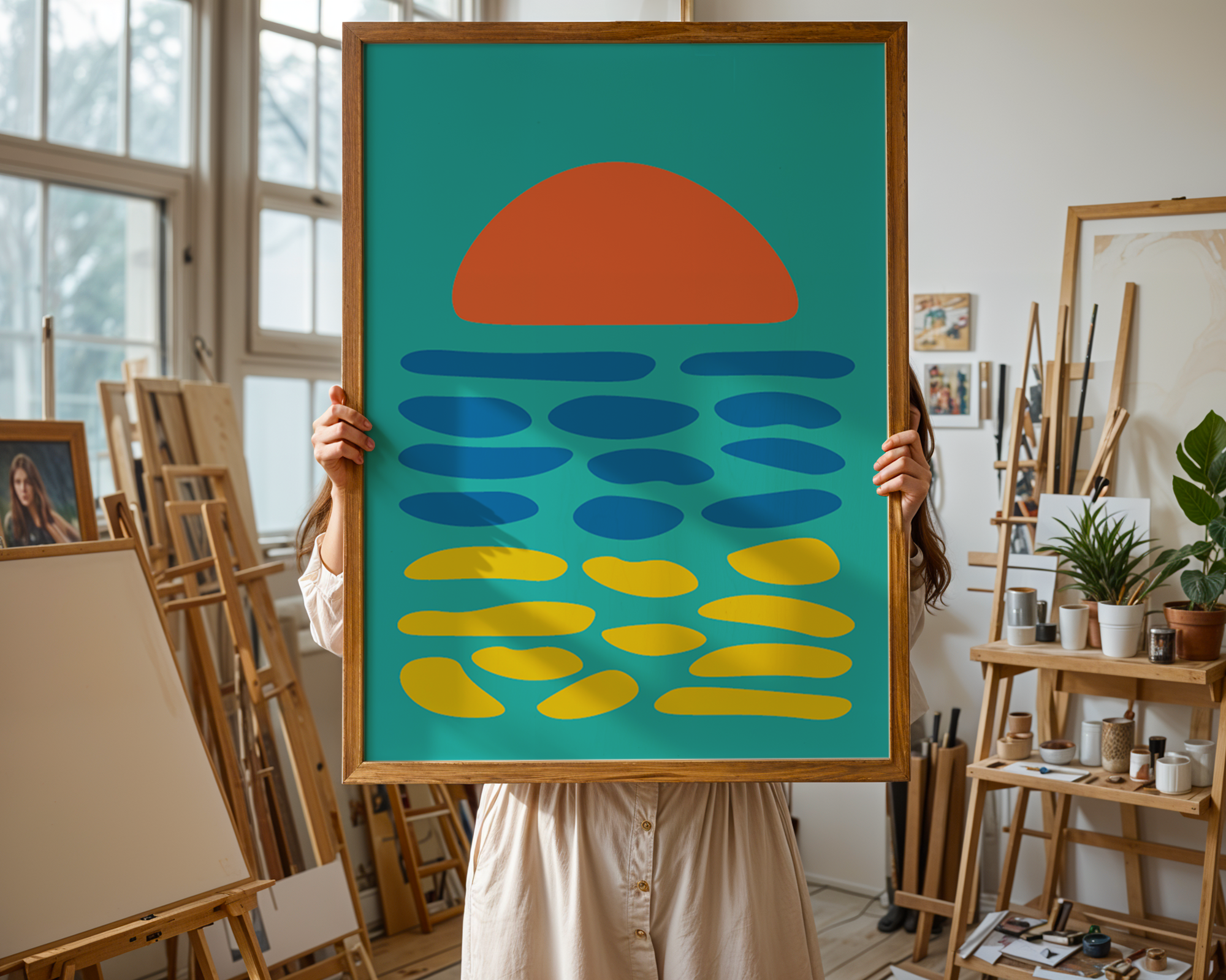 person in art studio holding framed abstract print