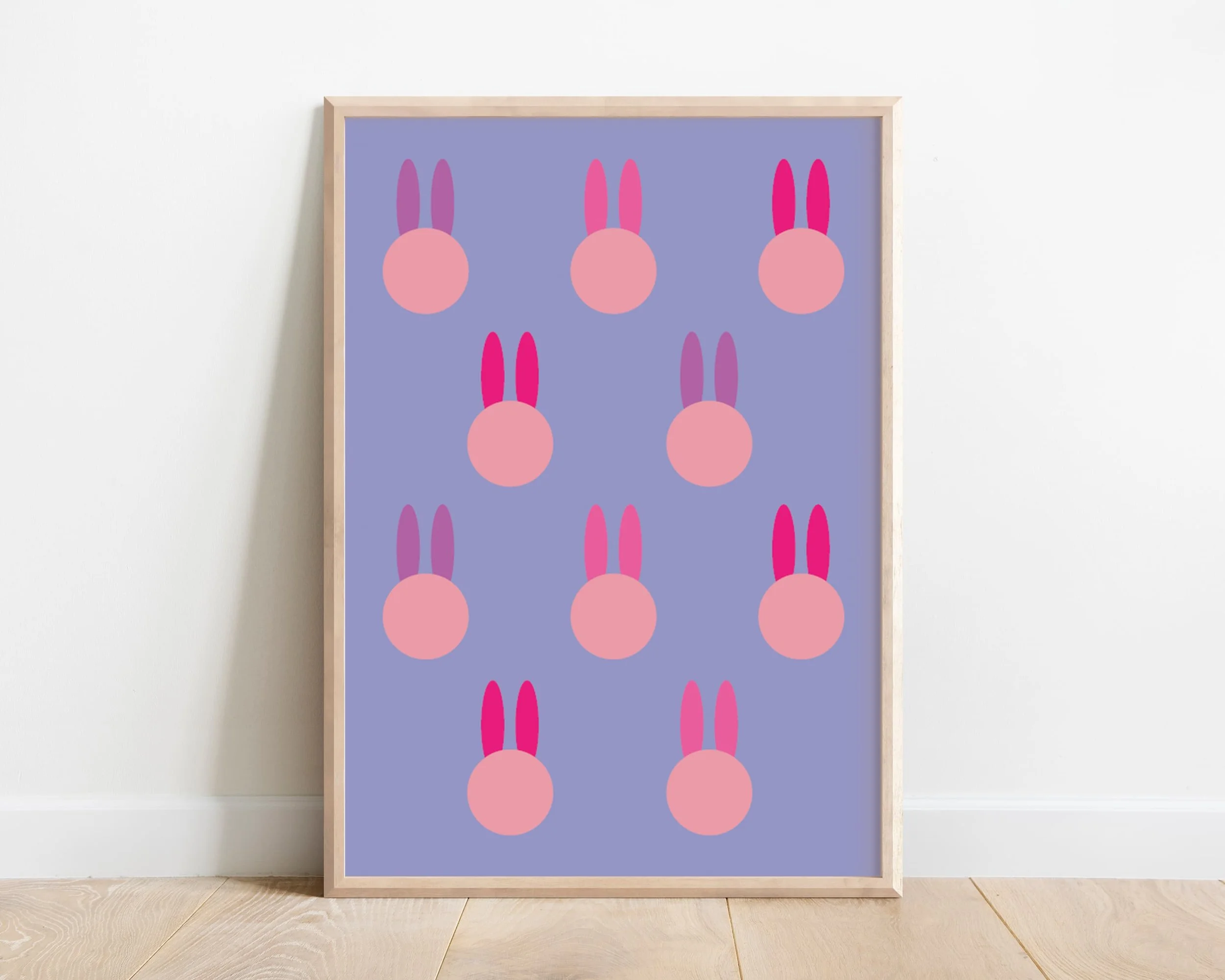 Framed Scand kids wall art featuring multiple modern bunny illustrations in soft purple tones – perfect for nursery or girls’ bedroom decor, handmade in the UK