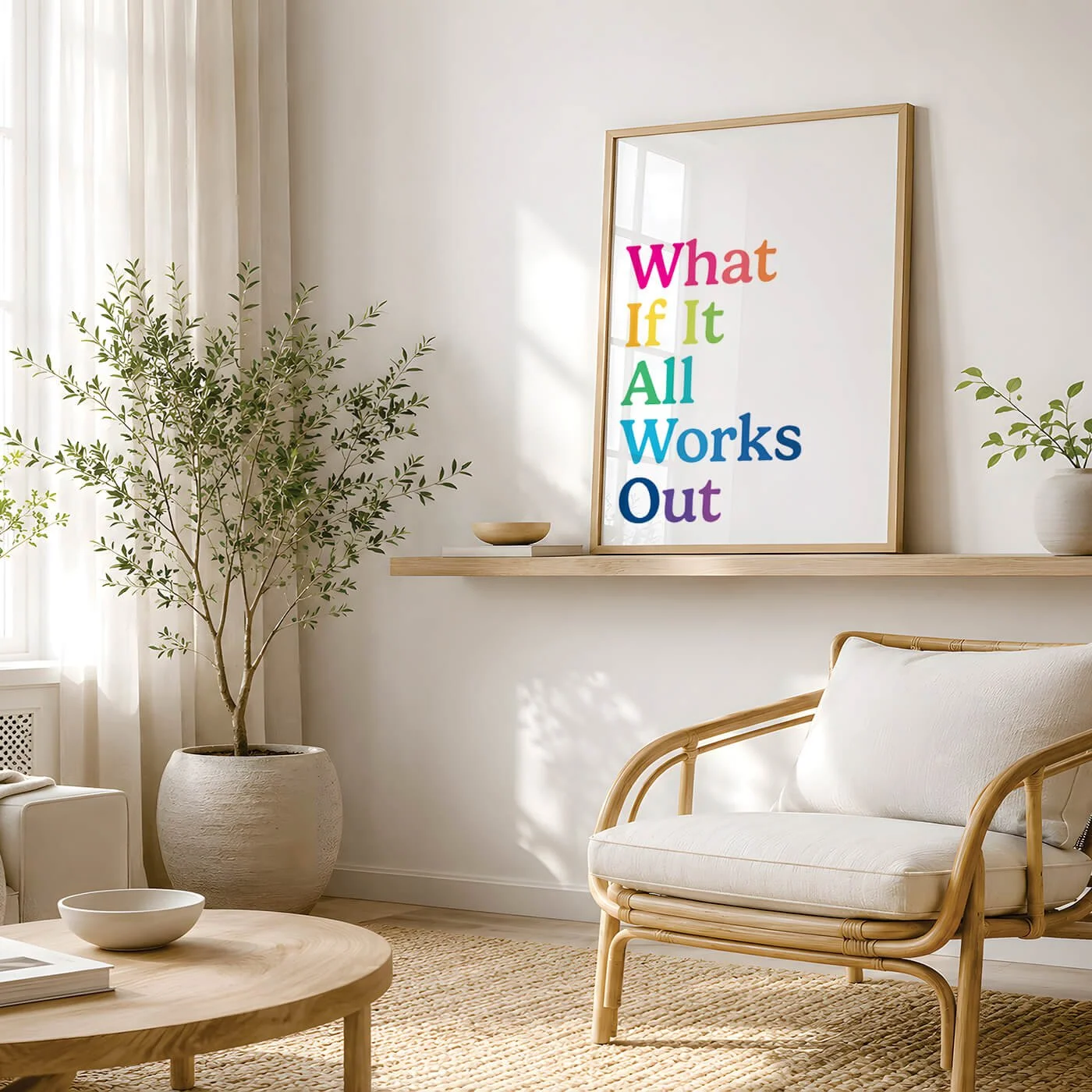 colourful typography print displayed on wooden shelf above chair in neutral decorated living room