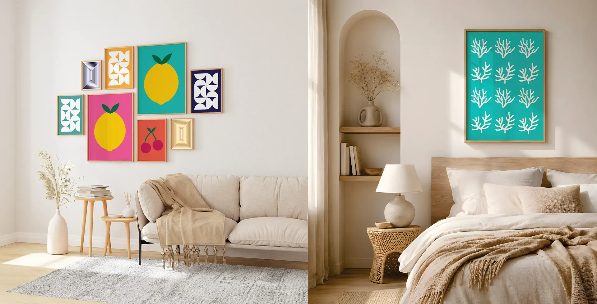Split-screen image showing a living room on the left and a bedroom on the right. The living room has a white sofa with beige throw pillows, a beige blanket, a small wooden side table with a stack of books and a white vase with dried flowers, and a light-colored rug. The wall behind features colorful geometric and fruit-themed artwork. The bedroom has a bed with white and beige bedding, a wooden headboard, a round wicker side table with a beige lamp, a built-in shelf with books and décor, and large abstract artwork of coral on the wall.