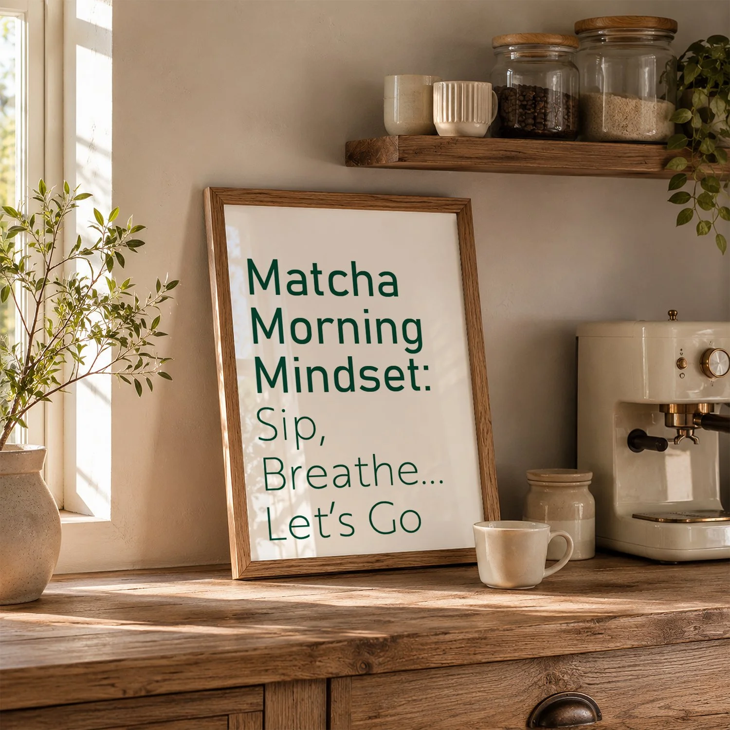 Framed matcha typography print displayed next to coffee machine on wooden kitchen worktop