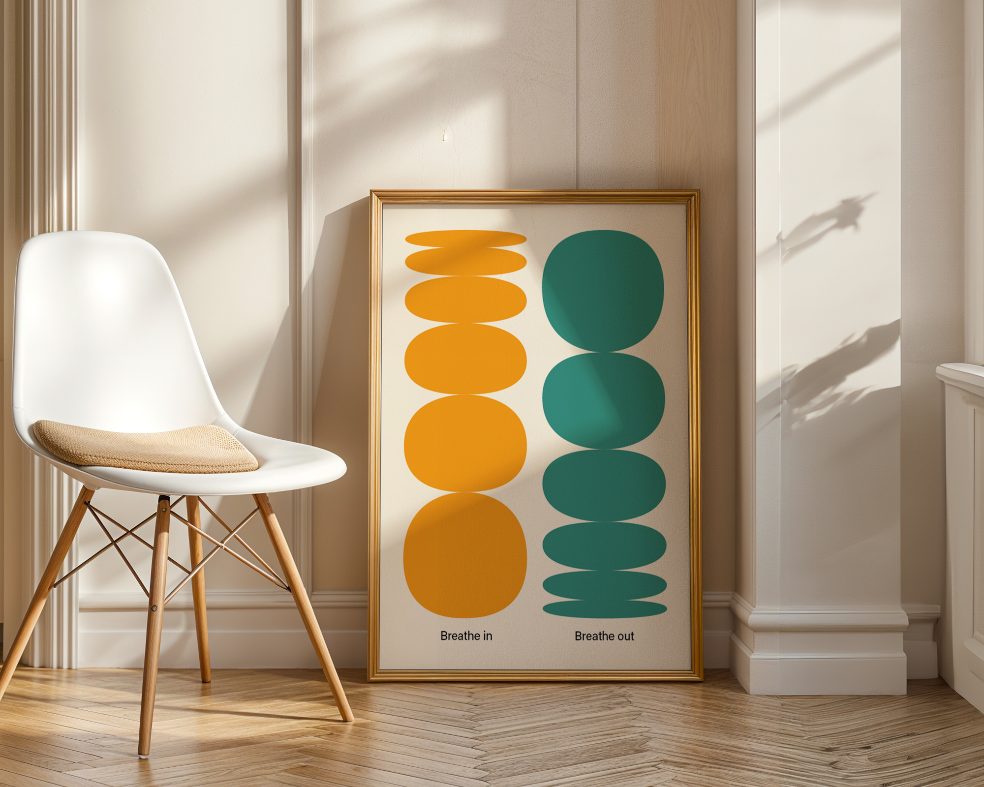 calming poster in frame next to scandi style chair
