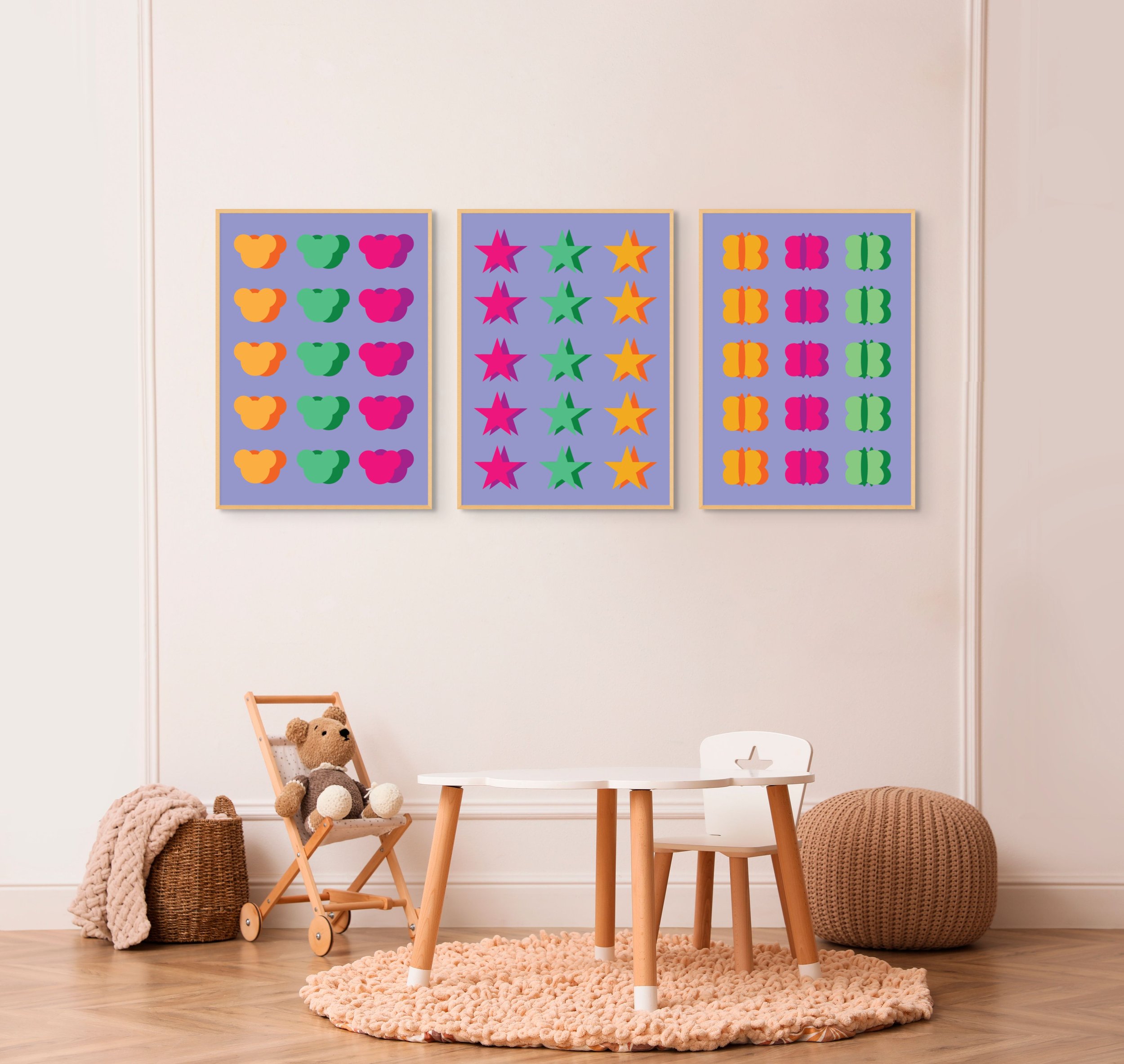 set of colourful prints for kids rooms. bright prints of stars and teddies