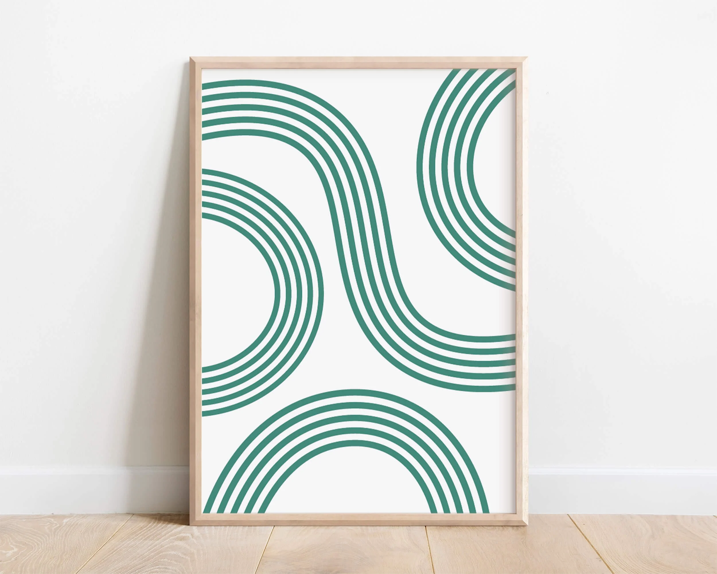 Retro Waves poster print with turquoise and green wavy stripes on white, retro wall decor in wooden frame