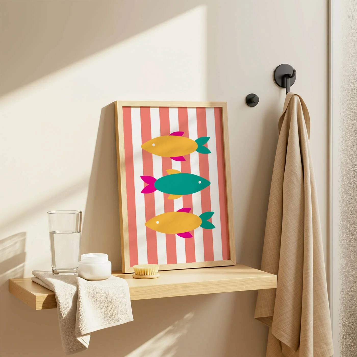 Colourful fish art print featuring three retro fish on peach striped background styled on a bathroom shelf with natural wood frame