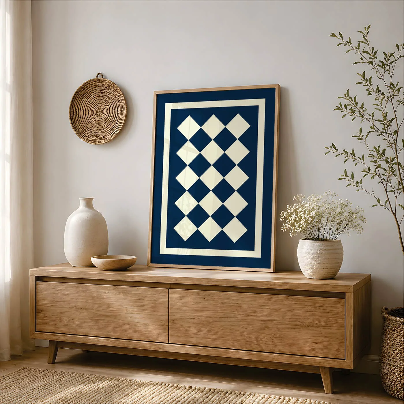 Blue and cream geometric Aztec print in oak frame styled on a wooden sideboard with modern neutral décor