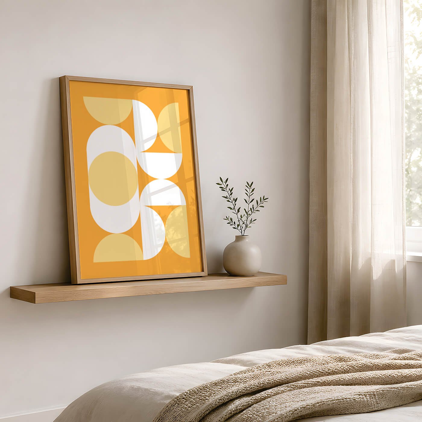 Framed yellow bauhaus print on wooden shelf with a small vase next to bed