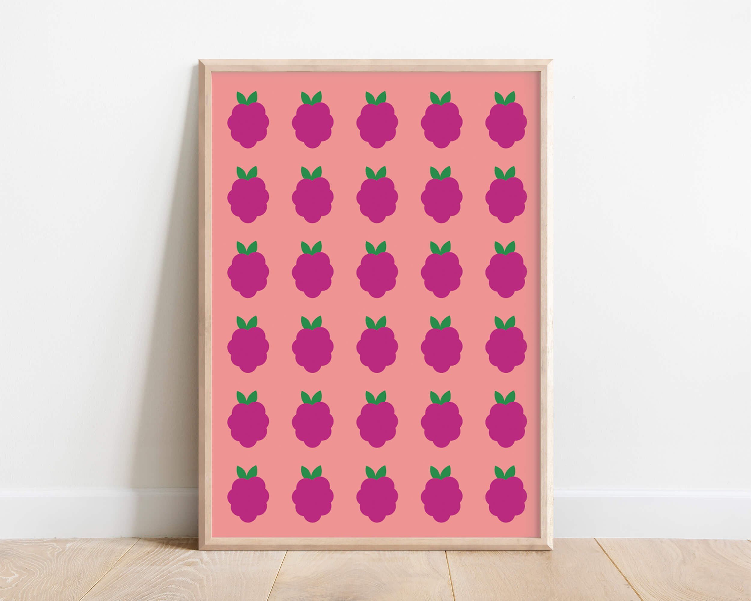 Framed raspberry kitchen wall art with peach background – cute style fruit print in modern design