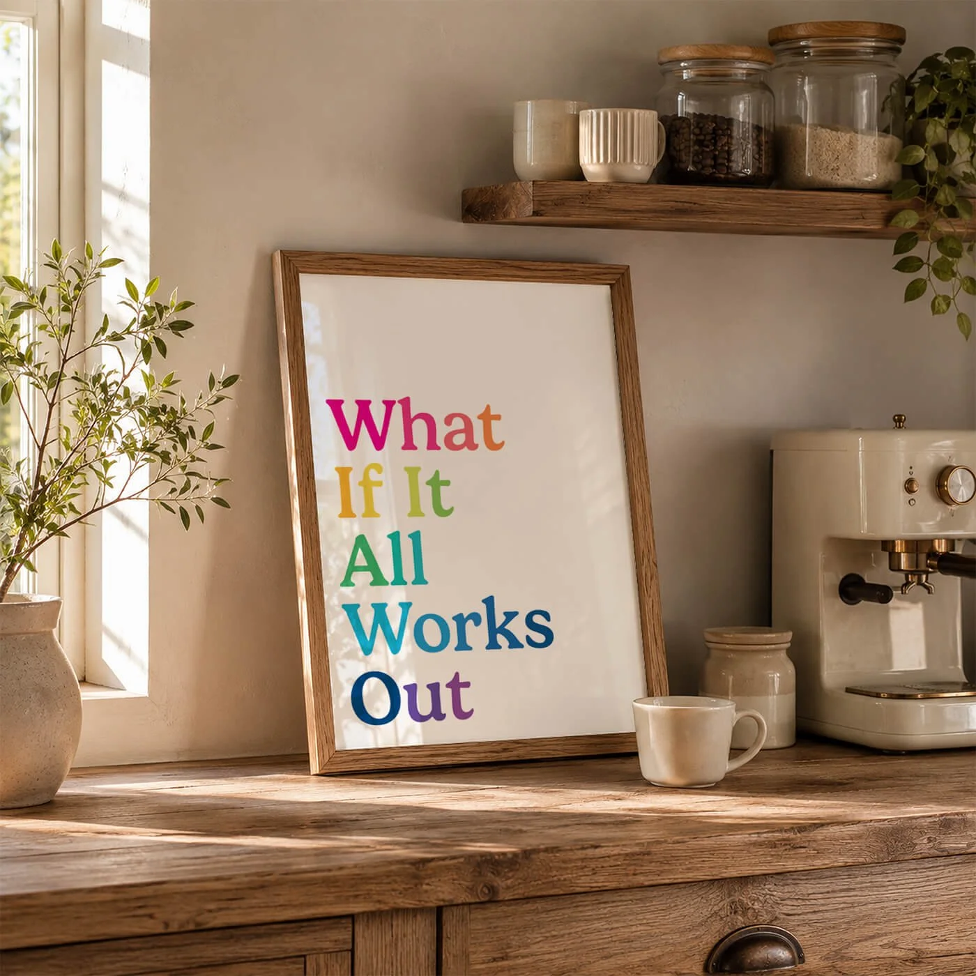Cosy coffee station with espresso machine, framed colorful print displaying rainbow typography art words “What If It All Works Out” , ceramic mug, jars, plants, and rustic wooden shelves.