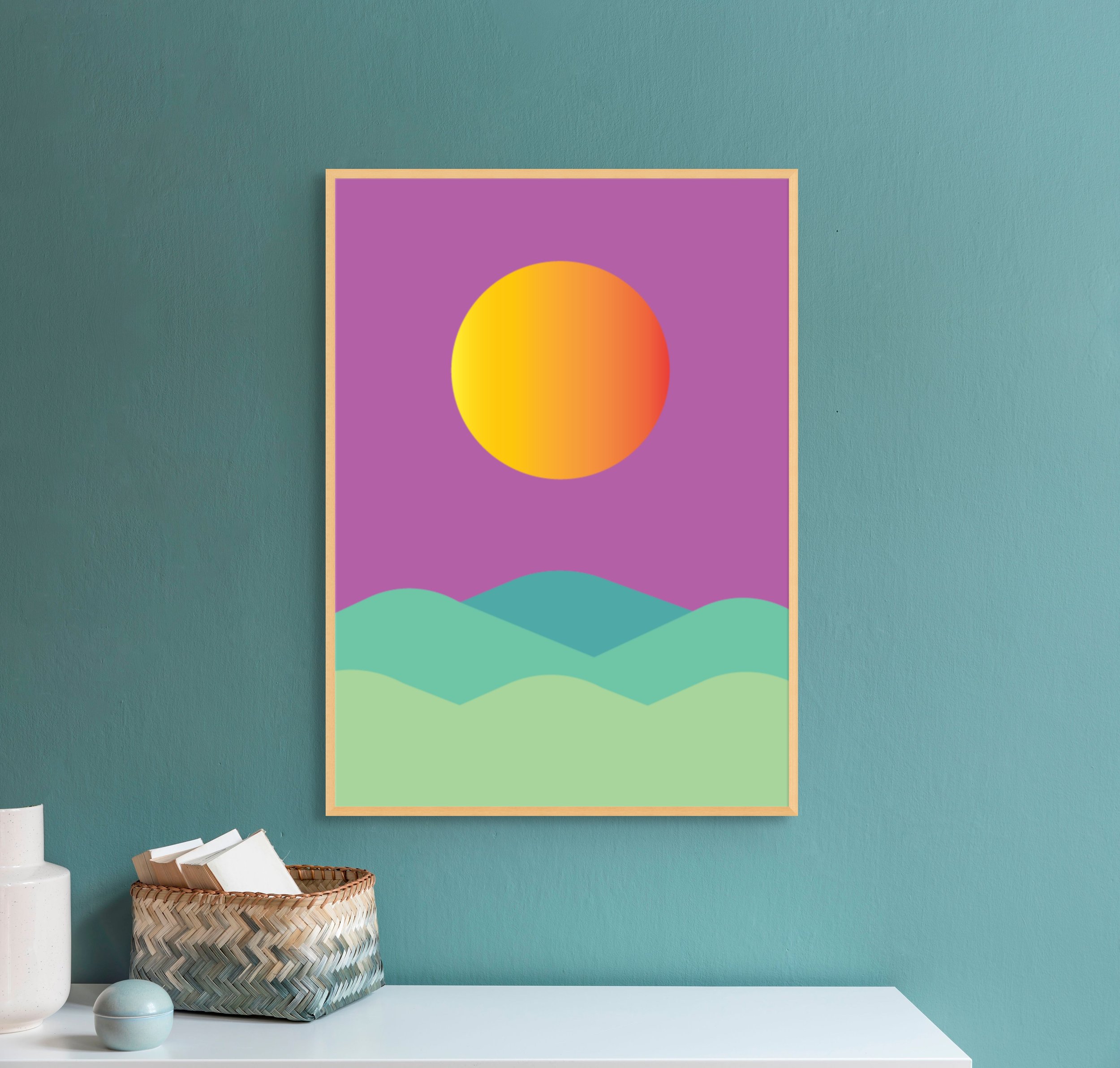 sun print with pink sky on green wall