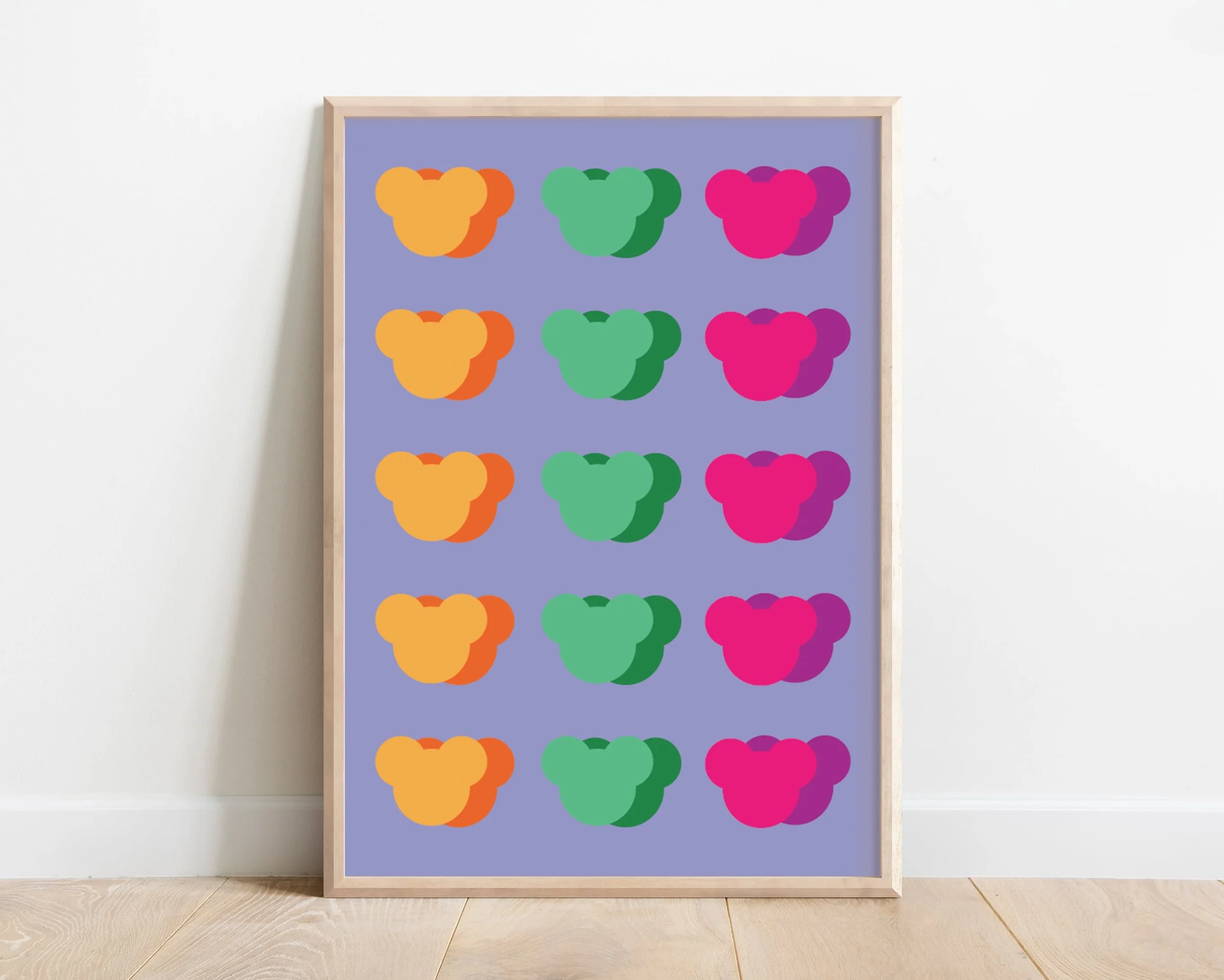 Kids’ print featuring twelve mini teddy bears in vibrant colours on a lilac-purple background, perfect for children’s room decor.