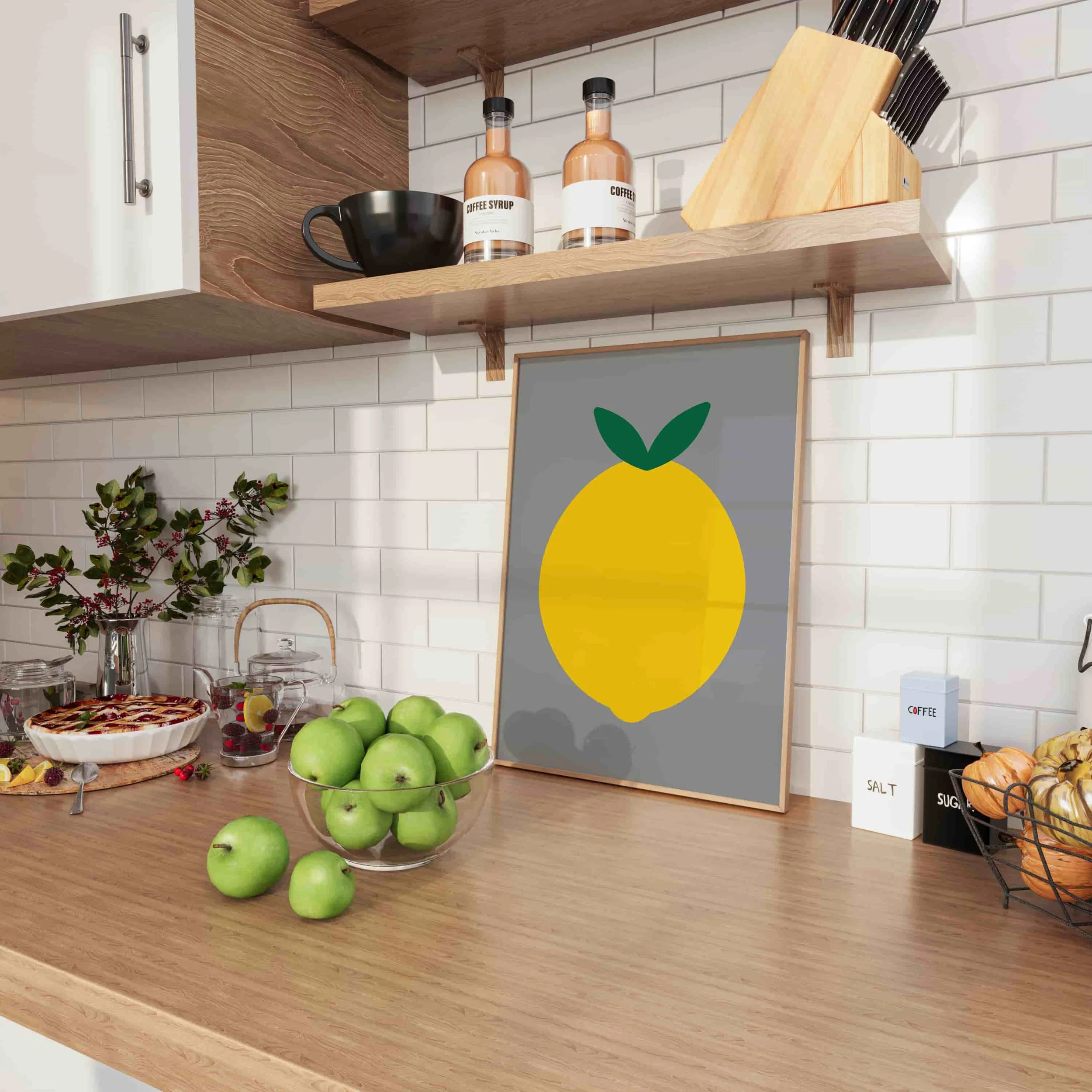 unique lemon art print with grey background in frame on white kitchen worktop next to scattered apples