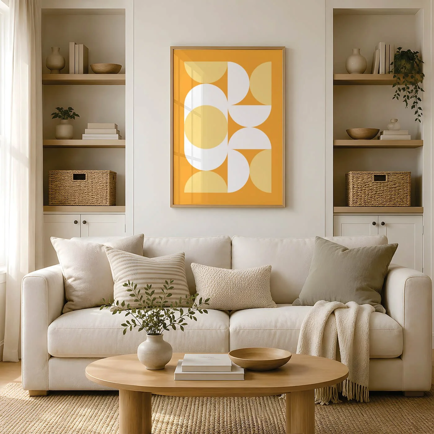 Yellow Bauhaus geometric wall art displayed above cream sofa in neutral living room with built-in shelving