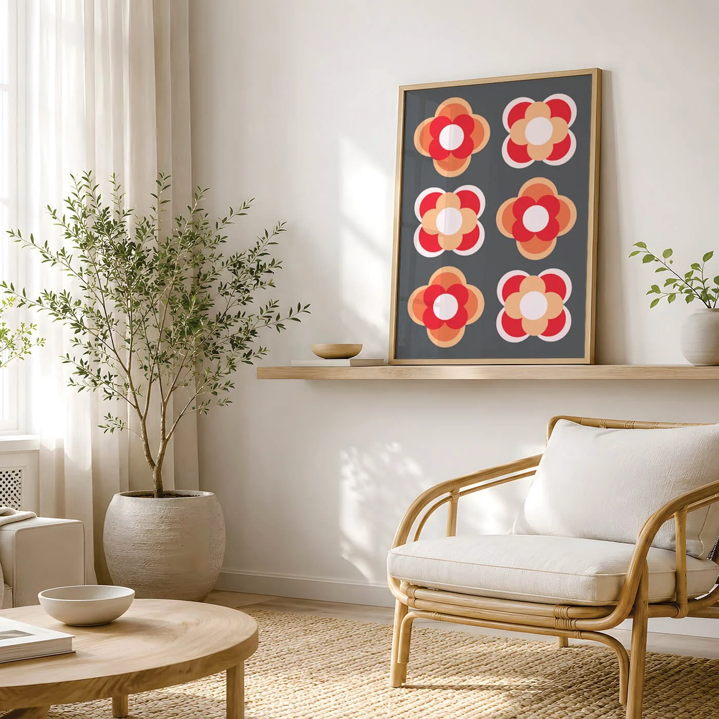 Orange contemporary flower print in a wooden frame displayed on a sideboard in a contemporary living room