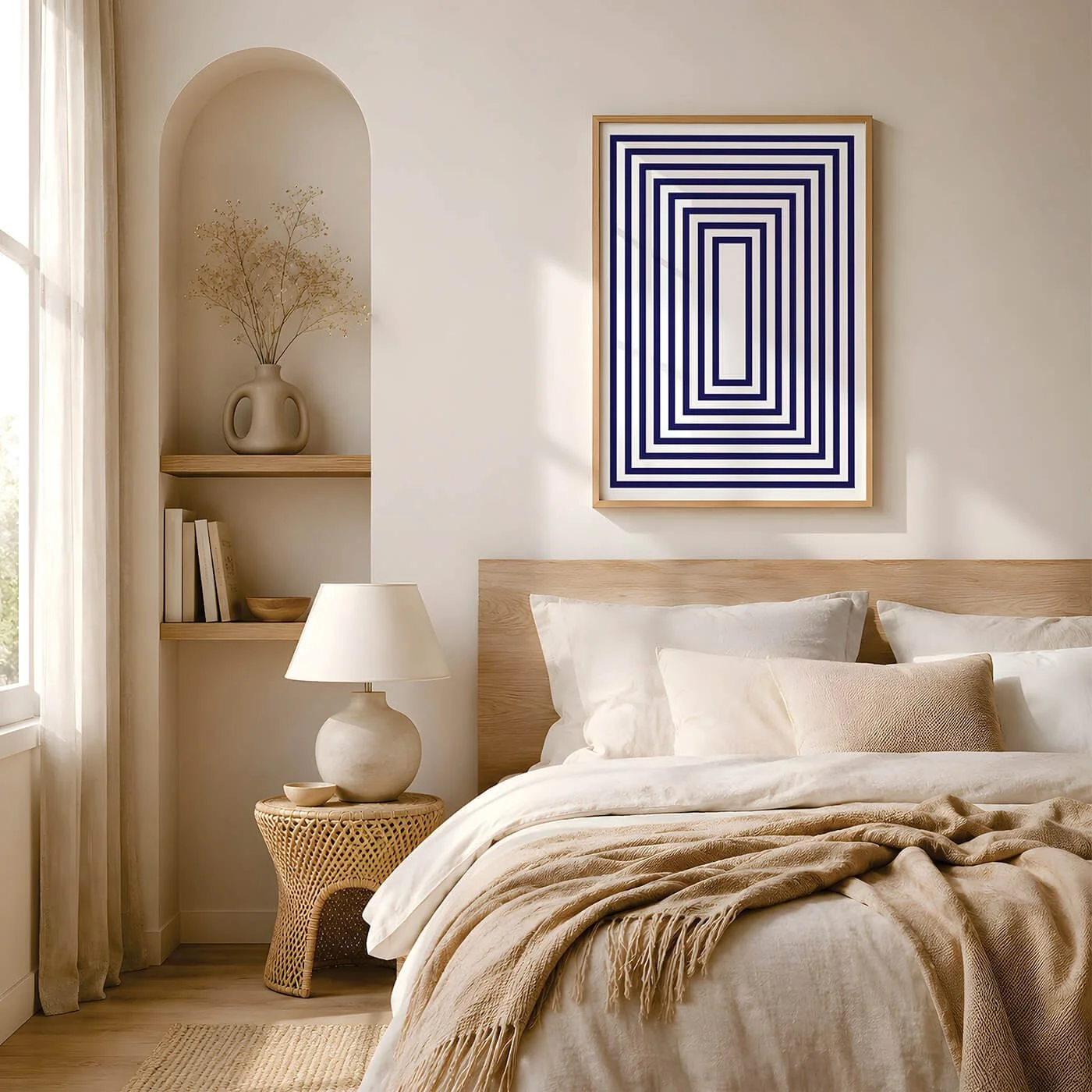 A bedroom with a bed that has striped bed linens, a wooden nightstand with a bear-themed mug, and a framed poster with orange circles and the word "Glow" on a white wall.