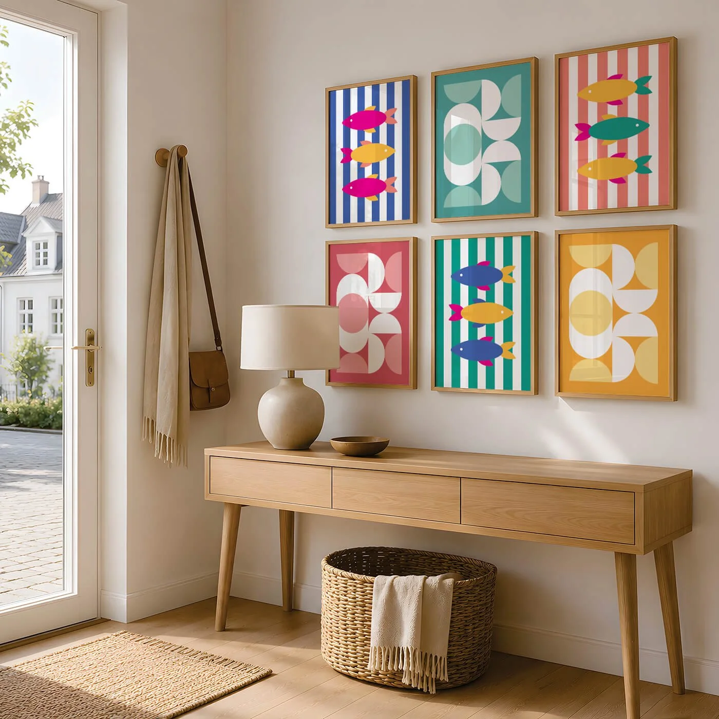 colourful gallery wall set of 6 prints hanging on wall above console table in hallway