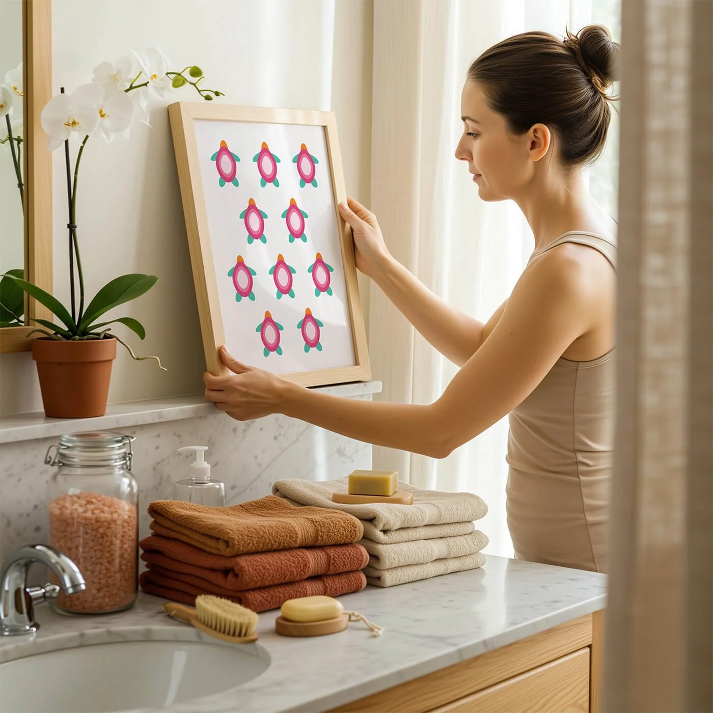 framed print of pink turtles displayed in modern bathroom