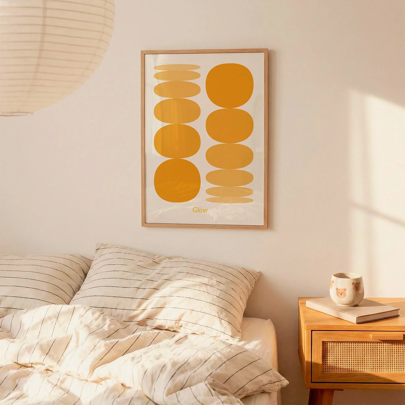 Framed yellow boho mindfulness print mounted on a neutral bedroom wall above the bed