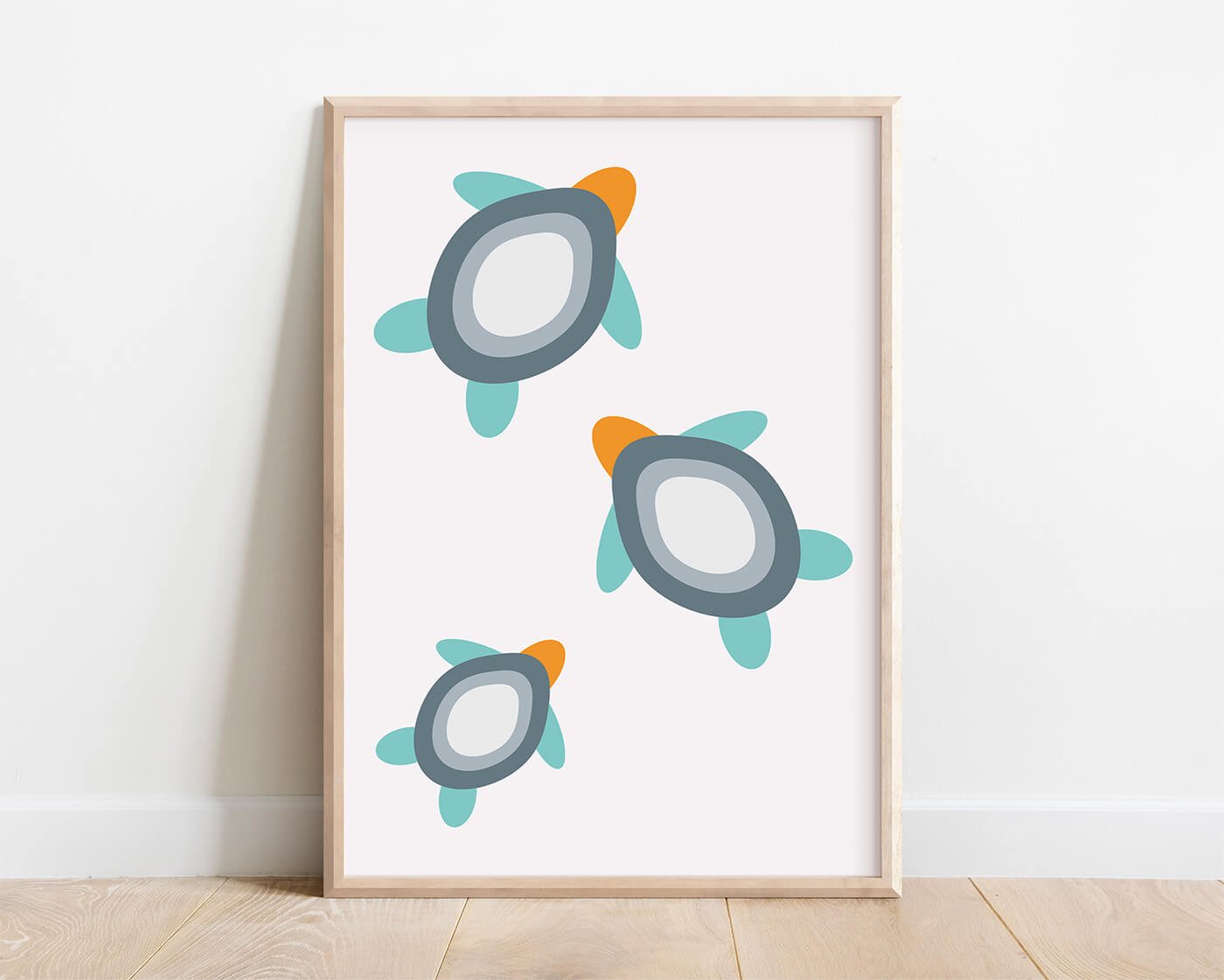 Grey turtle print featuring abstract turtle illustrations in soft grey tones displayed in a natural wooden frame, modern coastal wall art for contemporary interiors