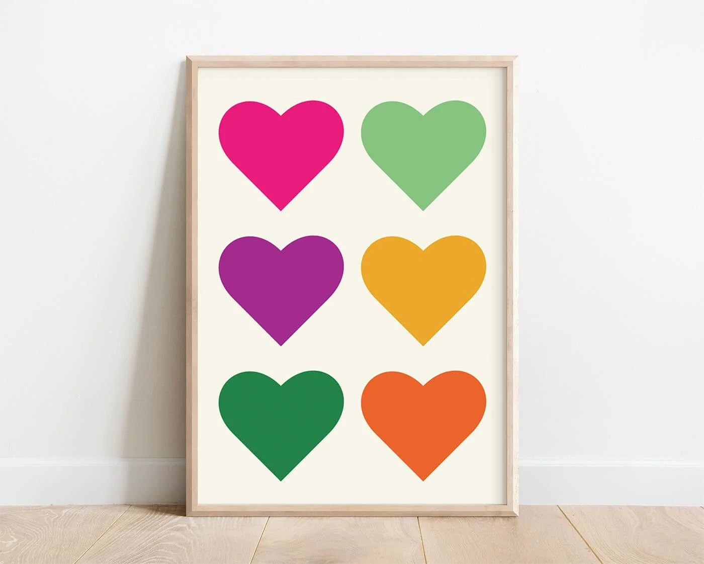 Colourful retro kids wall art featuring six bold heart shapes in a playful design