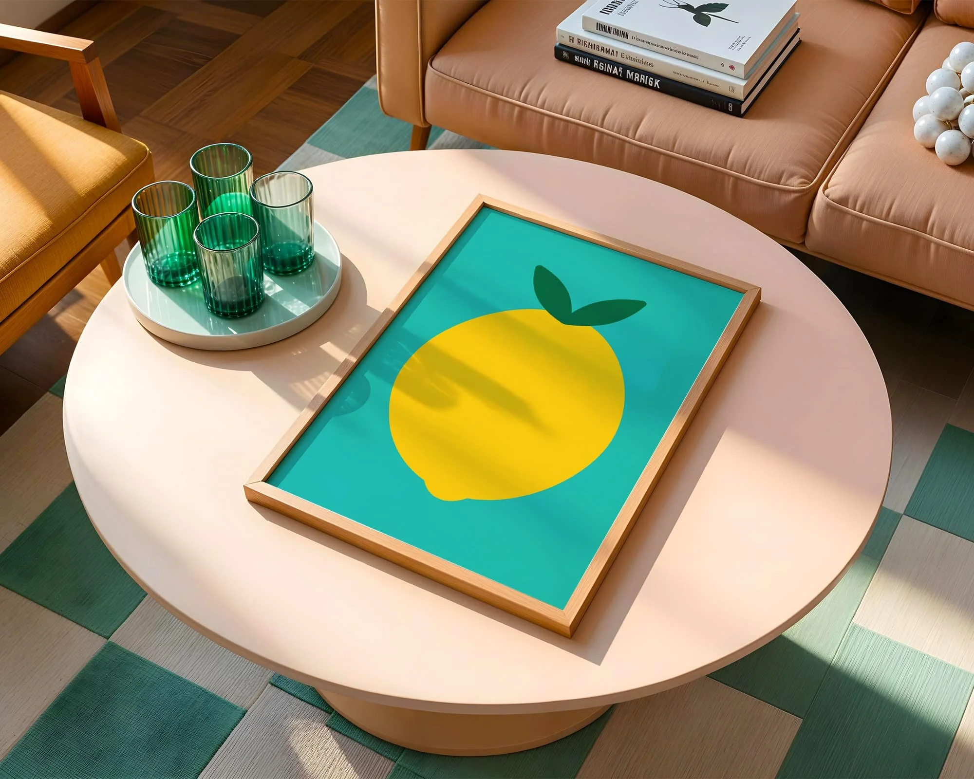 close up view of green lemon print on round coffee table in retro style living room