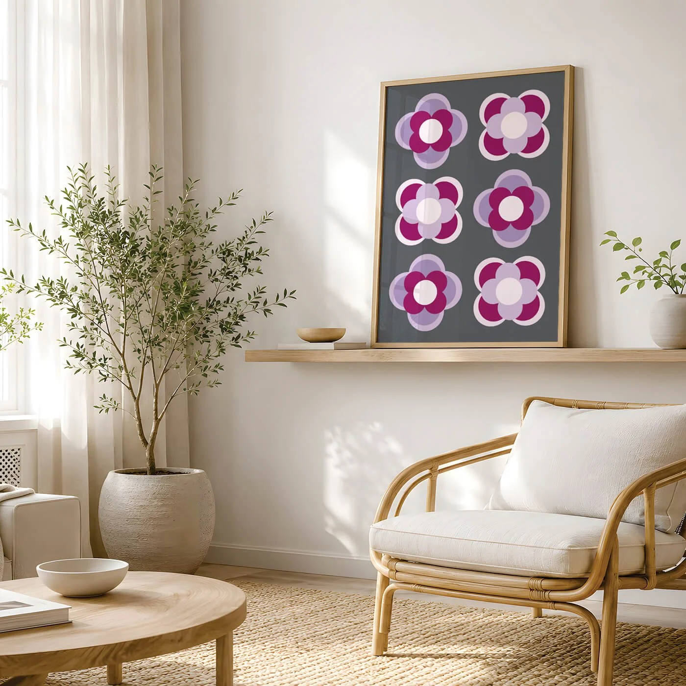 Purple contemporary flower print in a wooden frame above a beige chair in a modern living room