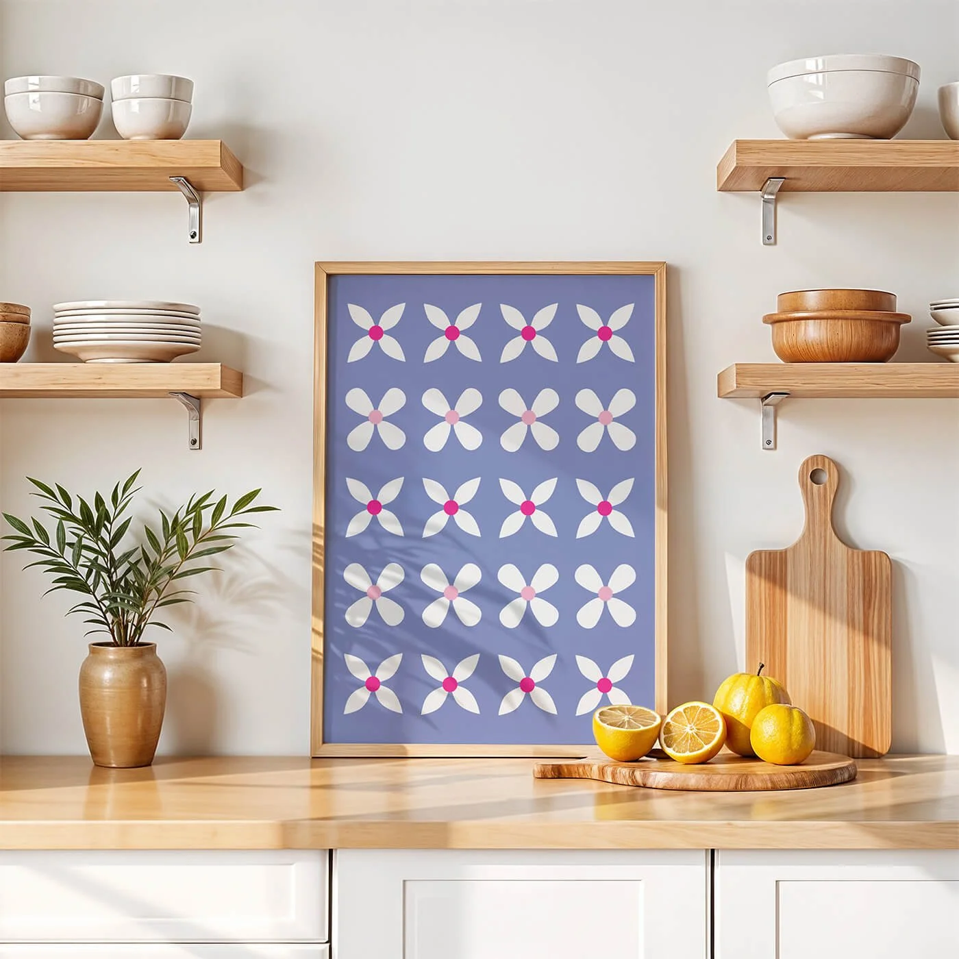 framed modern flowers print featuring abstract flower pattern displayed on a lilac background displayed in white kitchen