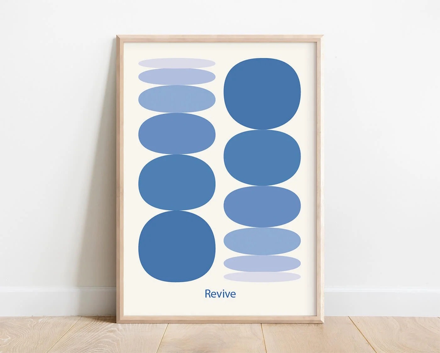 Blue modern abstract wellness art print in a minimalist frame on a white wall.