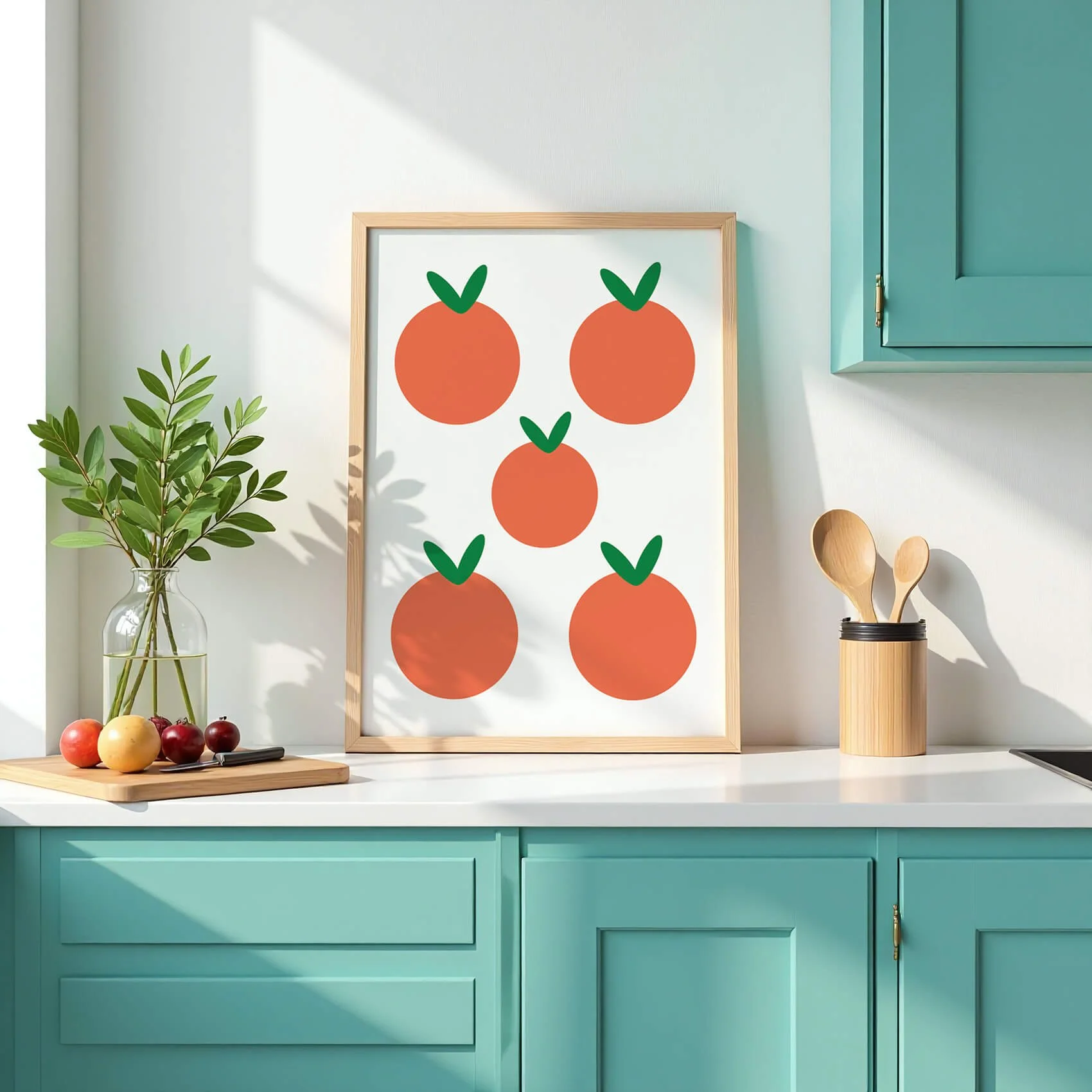 framed orange wall art styled in modern white and green kitchen