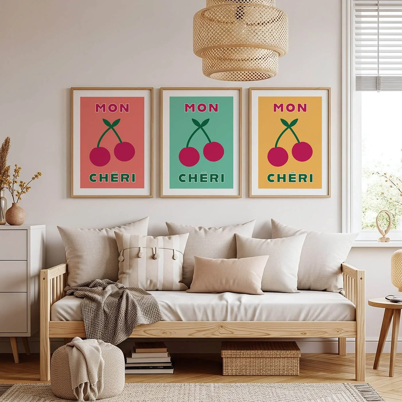colourful mon cheri prints hanging on wall above sofa in living room