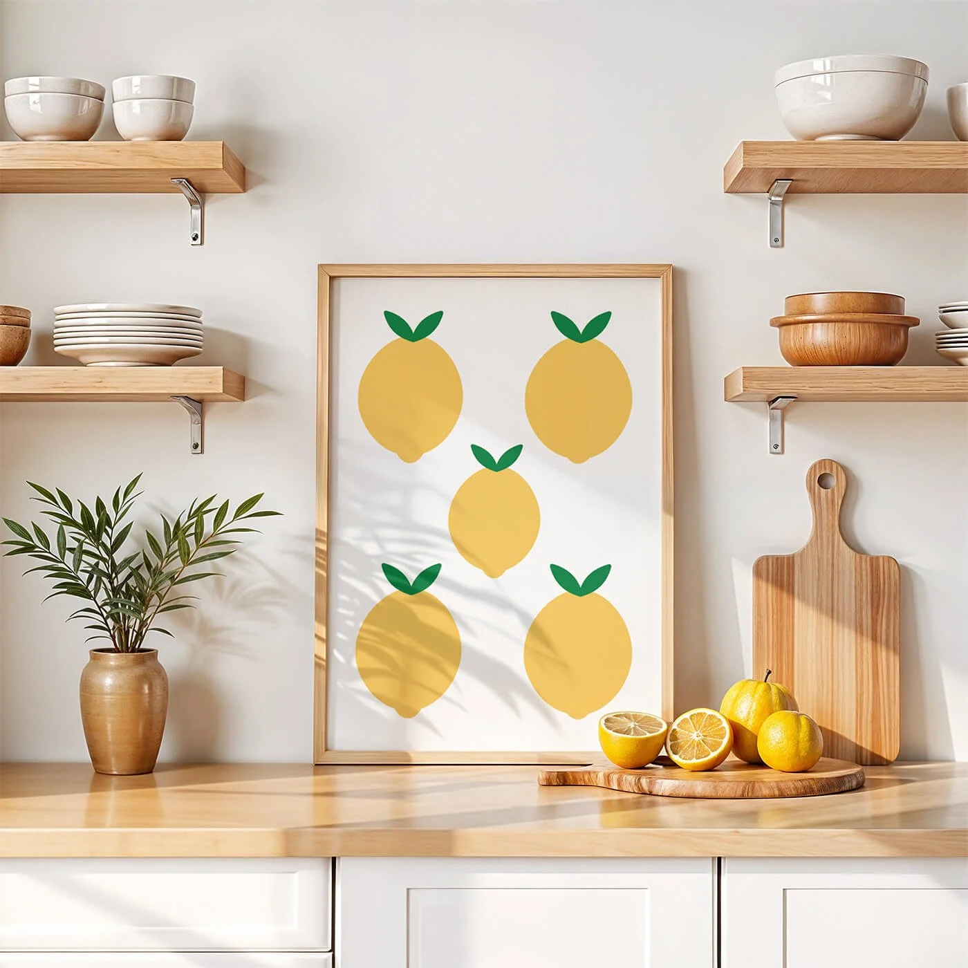 framed wall art featuring abstract lemons on white background styled in scandi kitchen