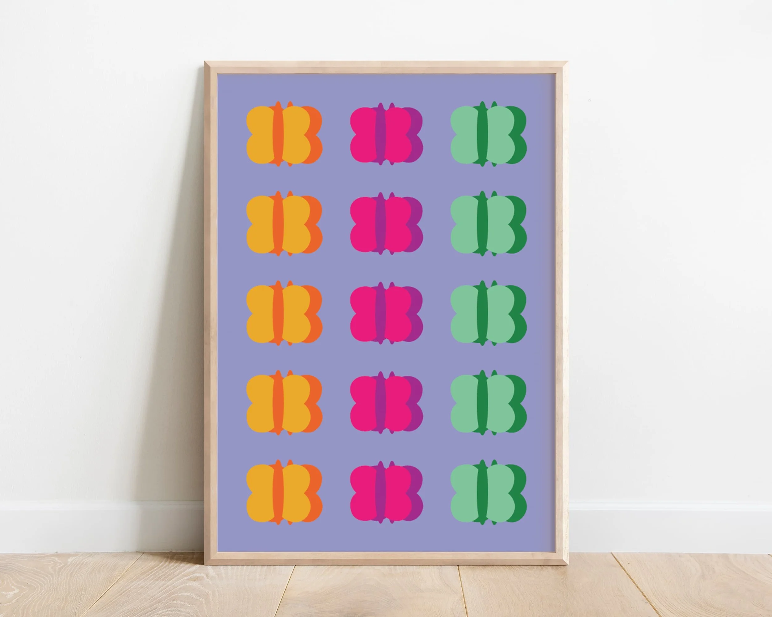 Framed colourful kids print featuring multiple small vibrant butterflies in purple, pink, yellow, and green – playful nursery wall art for children’s rooms