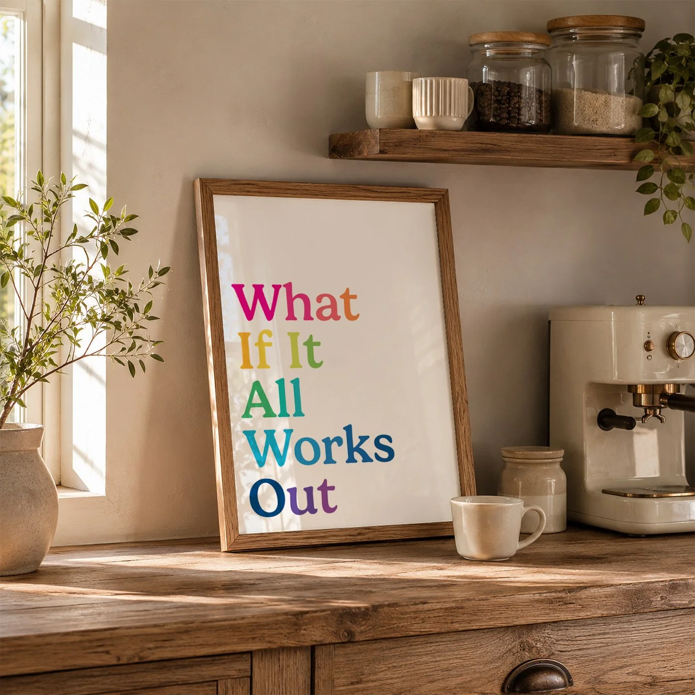 framed positive quote print with the words 'what if it all works out' in bold rainbow font displayed in kitchen next to coffee station