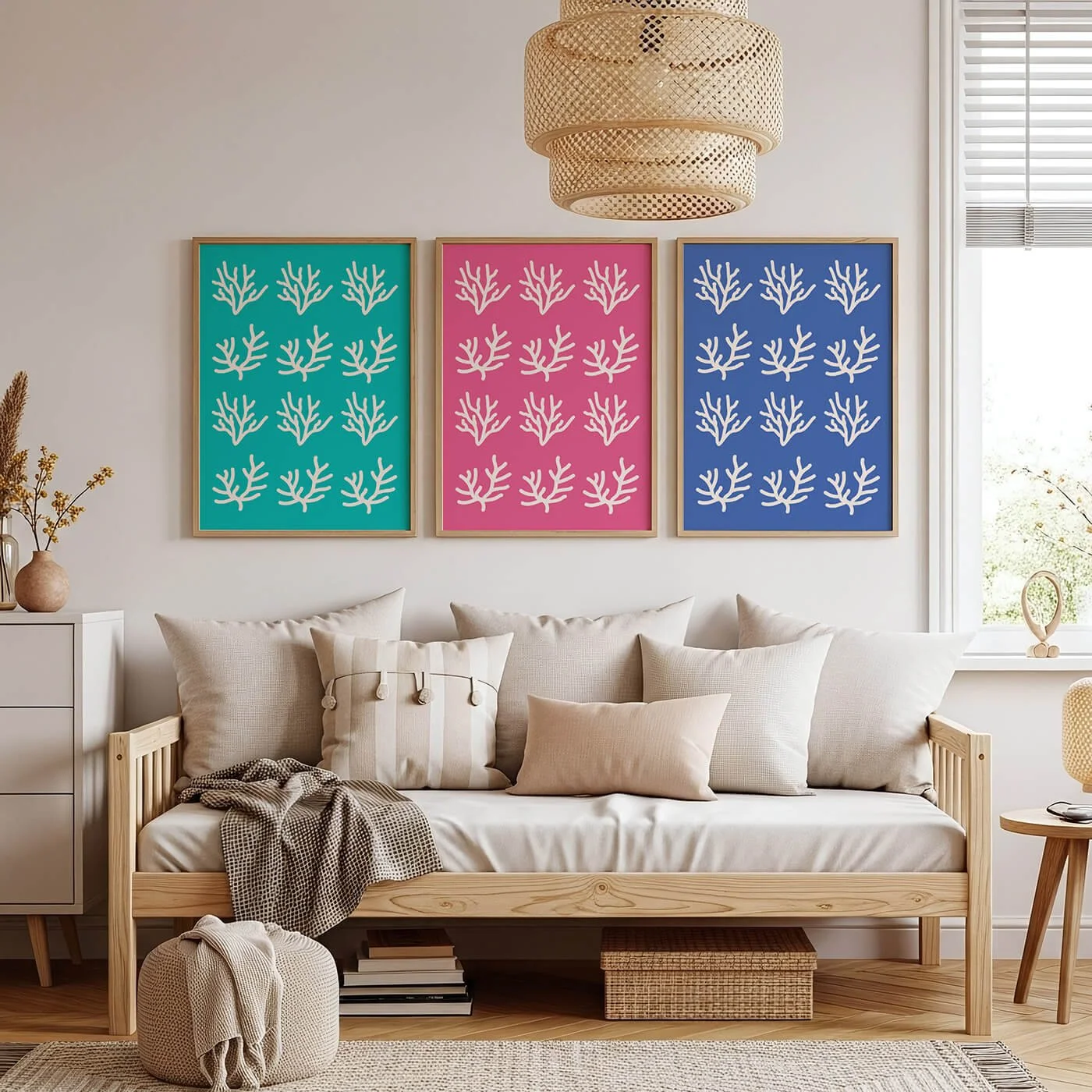 framed set of sea coral print in pastel colours displayed on wall above beige sofa
