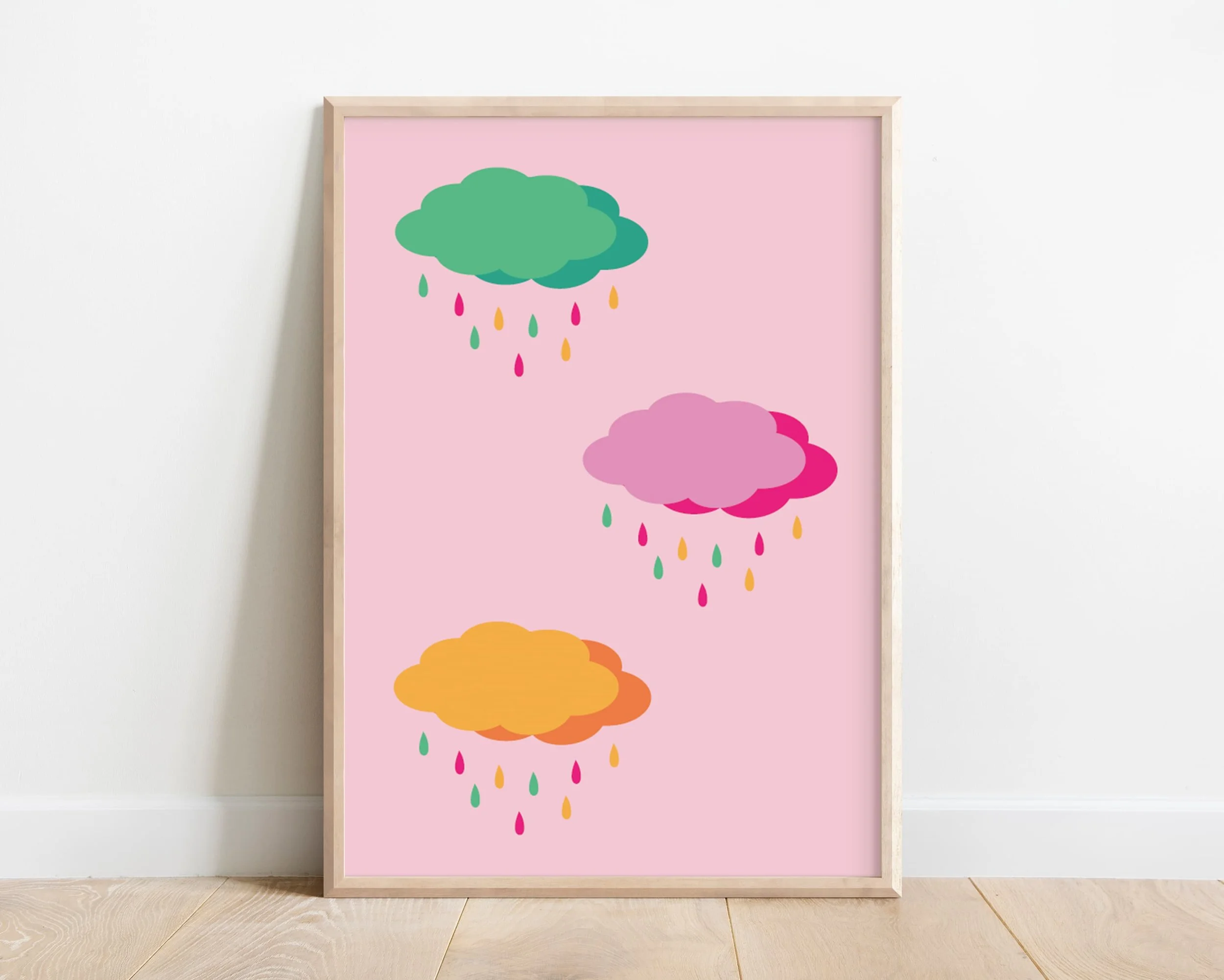 framed girls room print of pink rainbow clouds with colourful rain drops