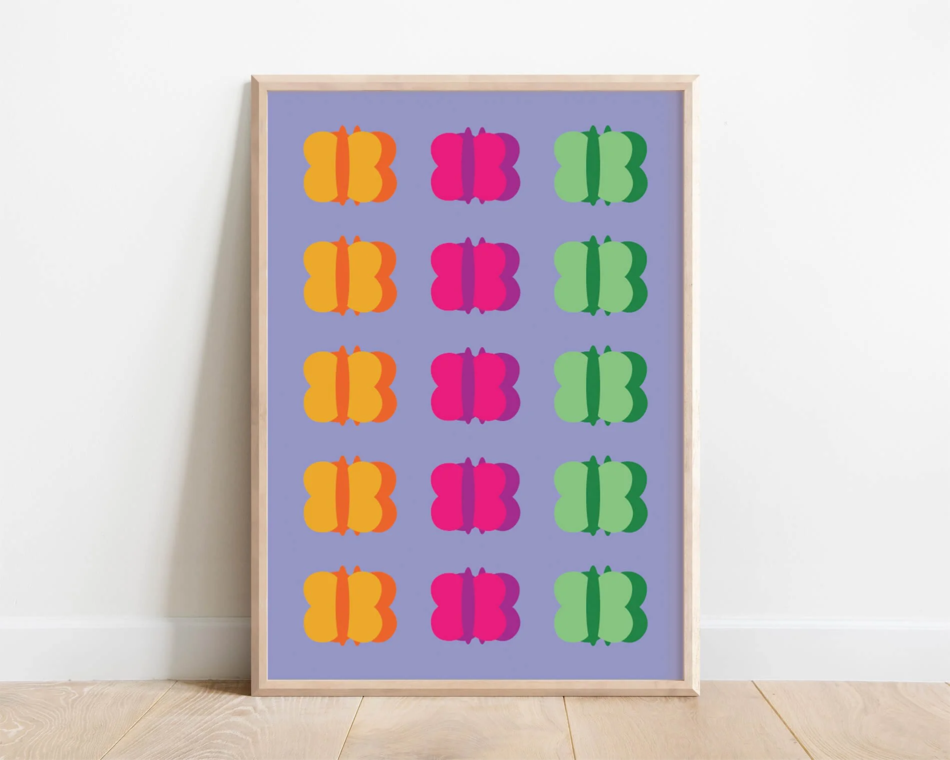 Framed colourful kids print featuring multiple small vibrant butterflies in purple, pink, yellow, and green