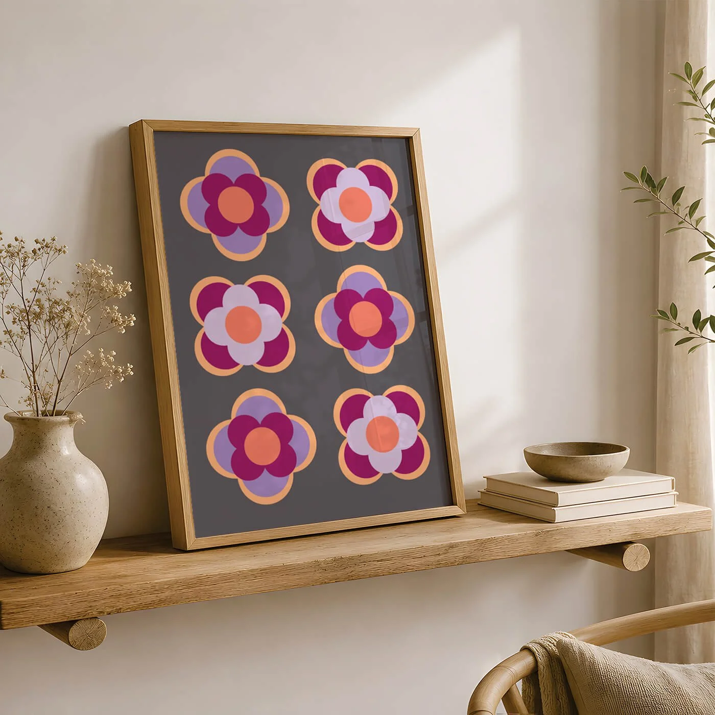 Mid-century modern geometric purple floral print on a wooden sideboard, styled for luxury property staging and commercial projects