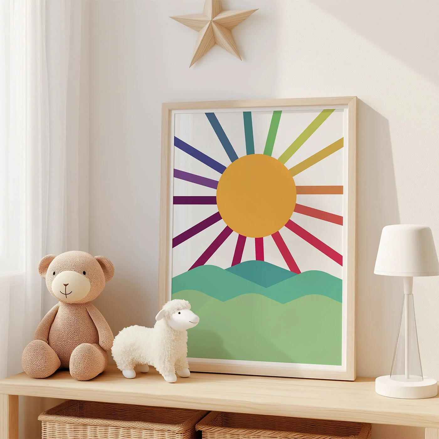 framed rainbow sun print displayed on shelf in childrens bedroom