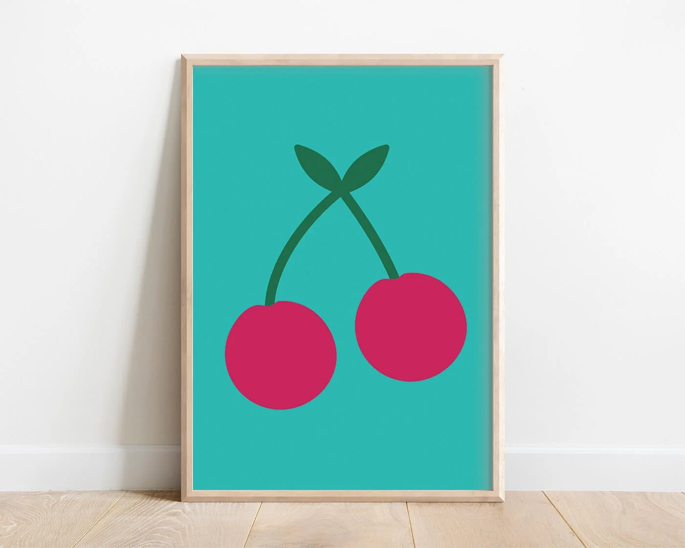 Framed boho kitchen print featuring two large cherries