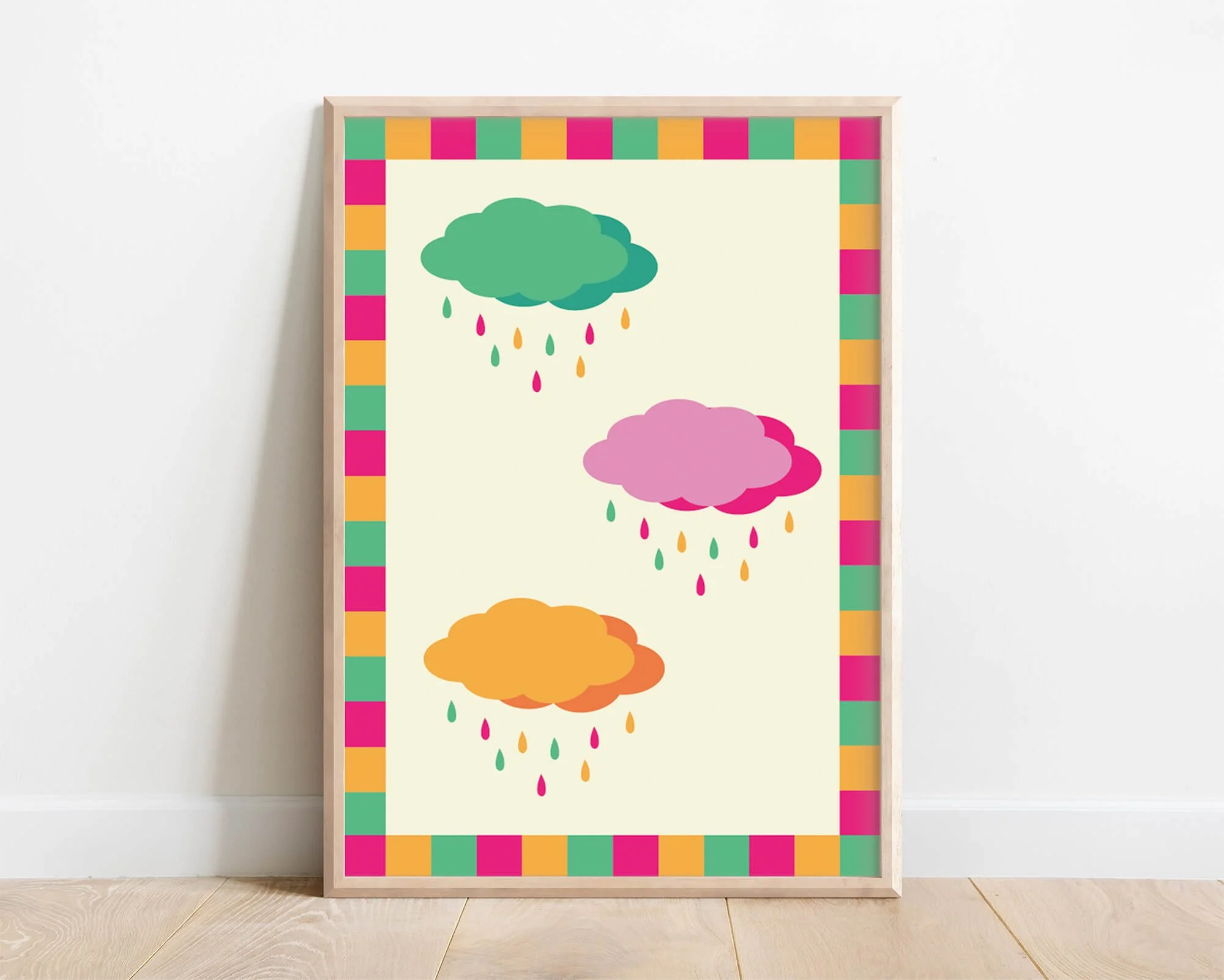 gender neutral childrens picture of colourful rainbow rain and pink, green and yellow clouds in a multicoloured frame
