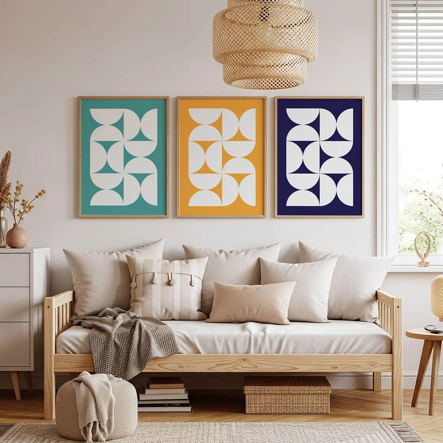 Living room with a wooden daybed with cream and beige cushions, a small side table, and a woven basket underneath. Above the daybed, there are three framed abstract geometric art prints in teal, yellow, and dark blue. A woven pendant light hangs from the ceiling, and a large window with blinds is on the right.
